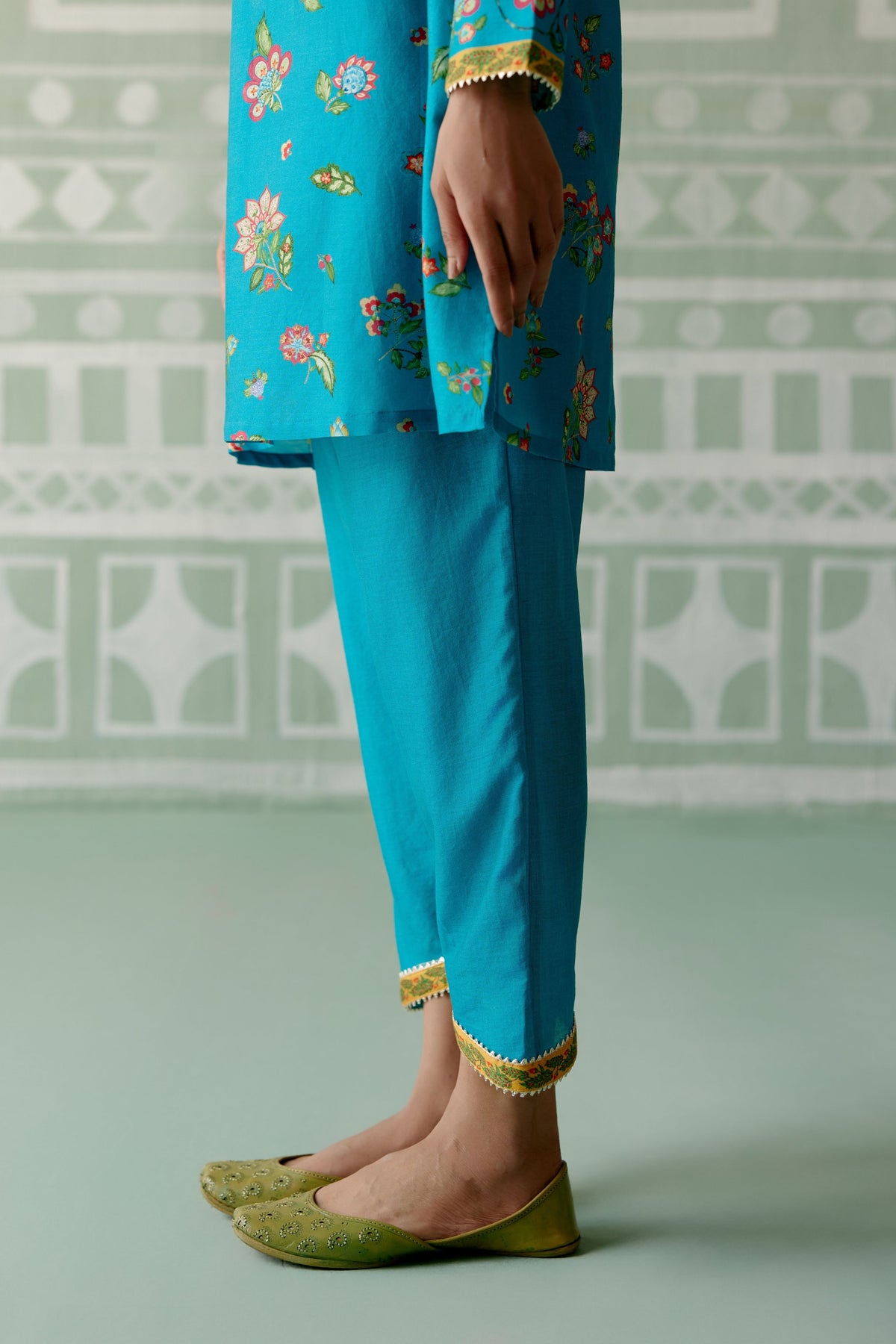 Turquoise &amp; Mustard Floral Kurta Set