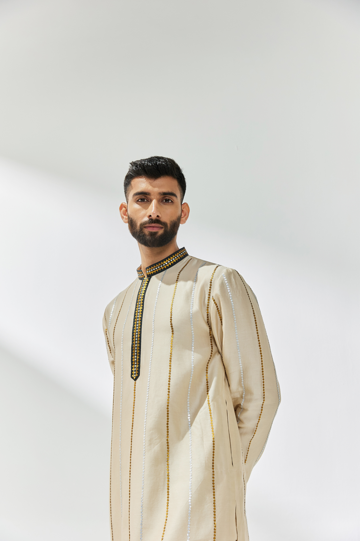 Beige and Black Embroidered Kurta Sets