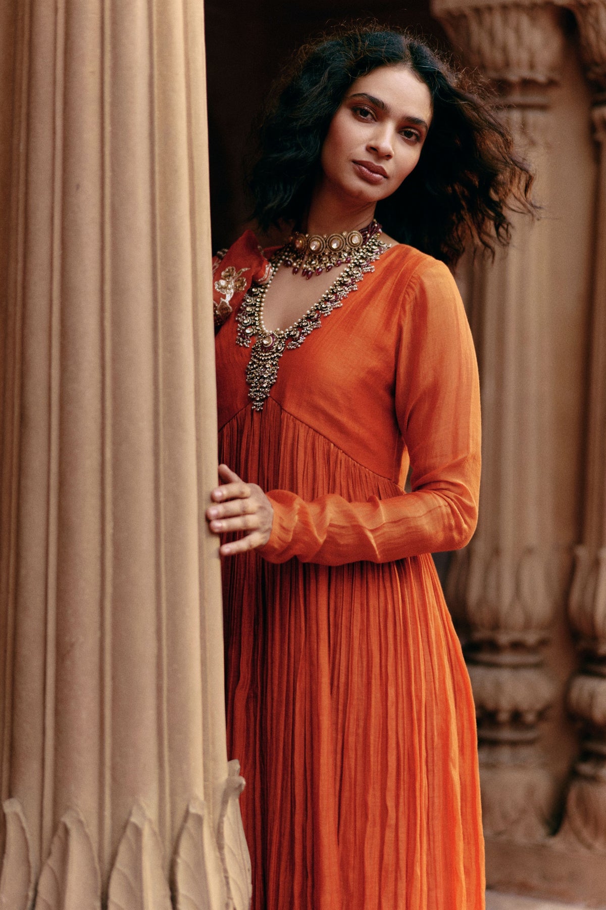 Embroidered Orange Anarkali Set