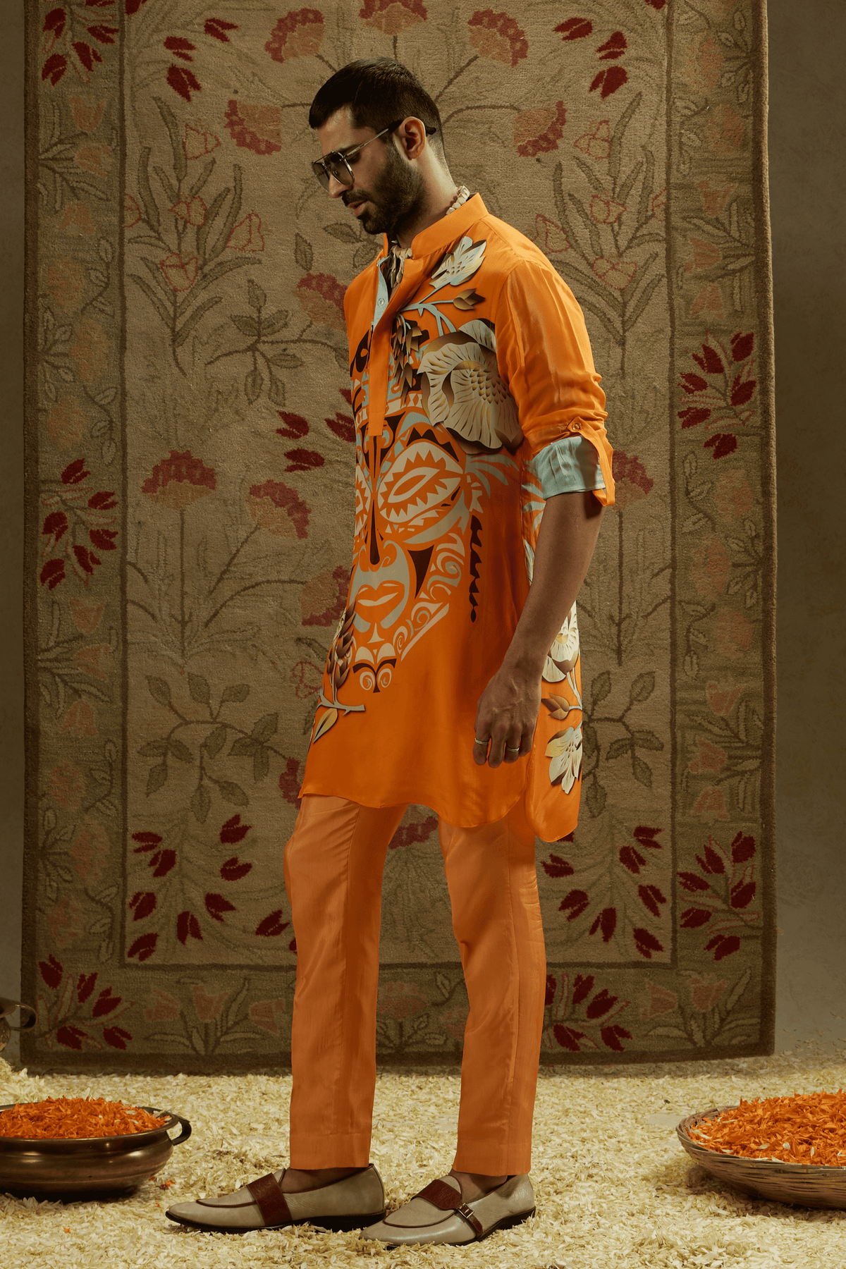 Orange Rolled up Sleeves Kurta