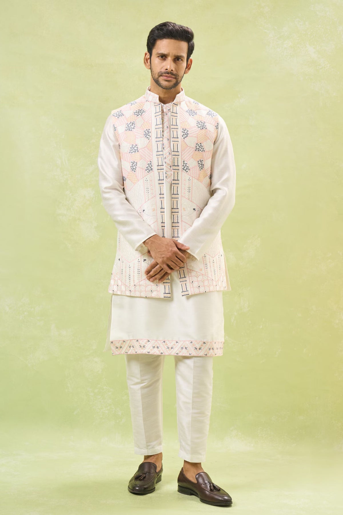 Off-white Embroidered Nehru Jacket Set