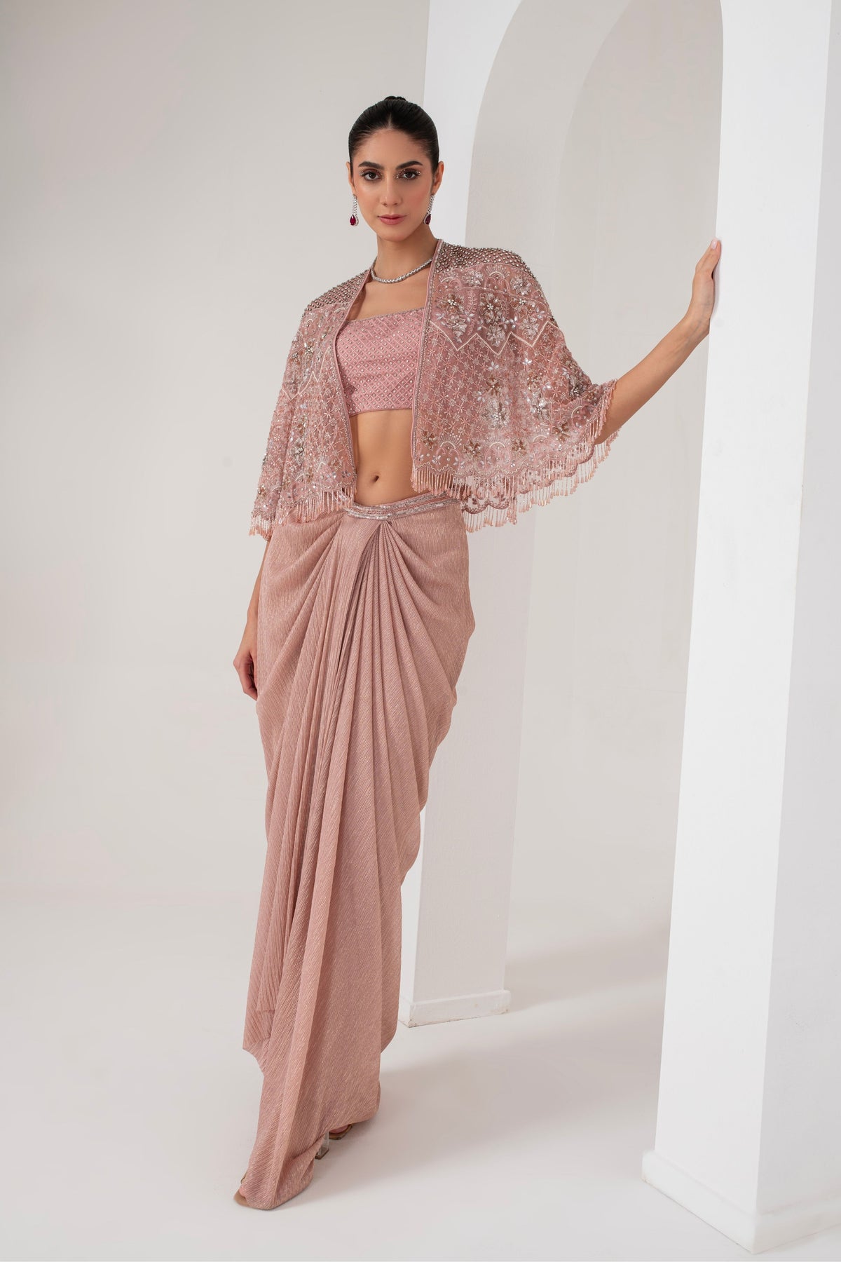 Pastel Pink Embellished Cape Set