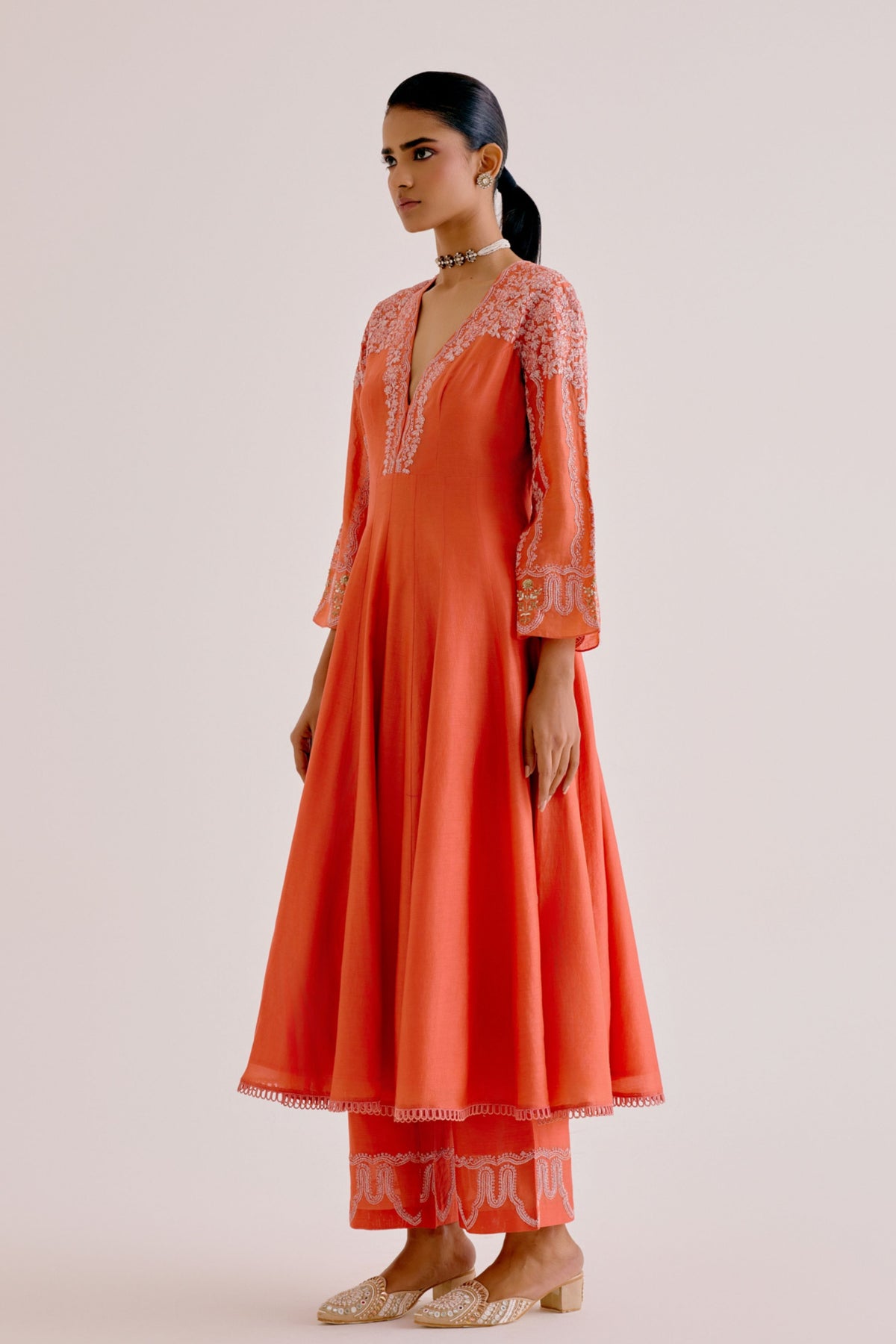 Orange Embroidered Anarkali Set