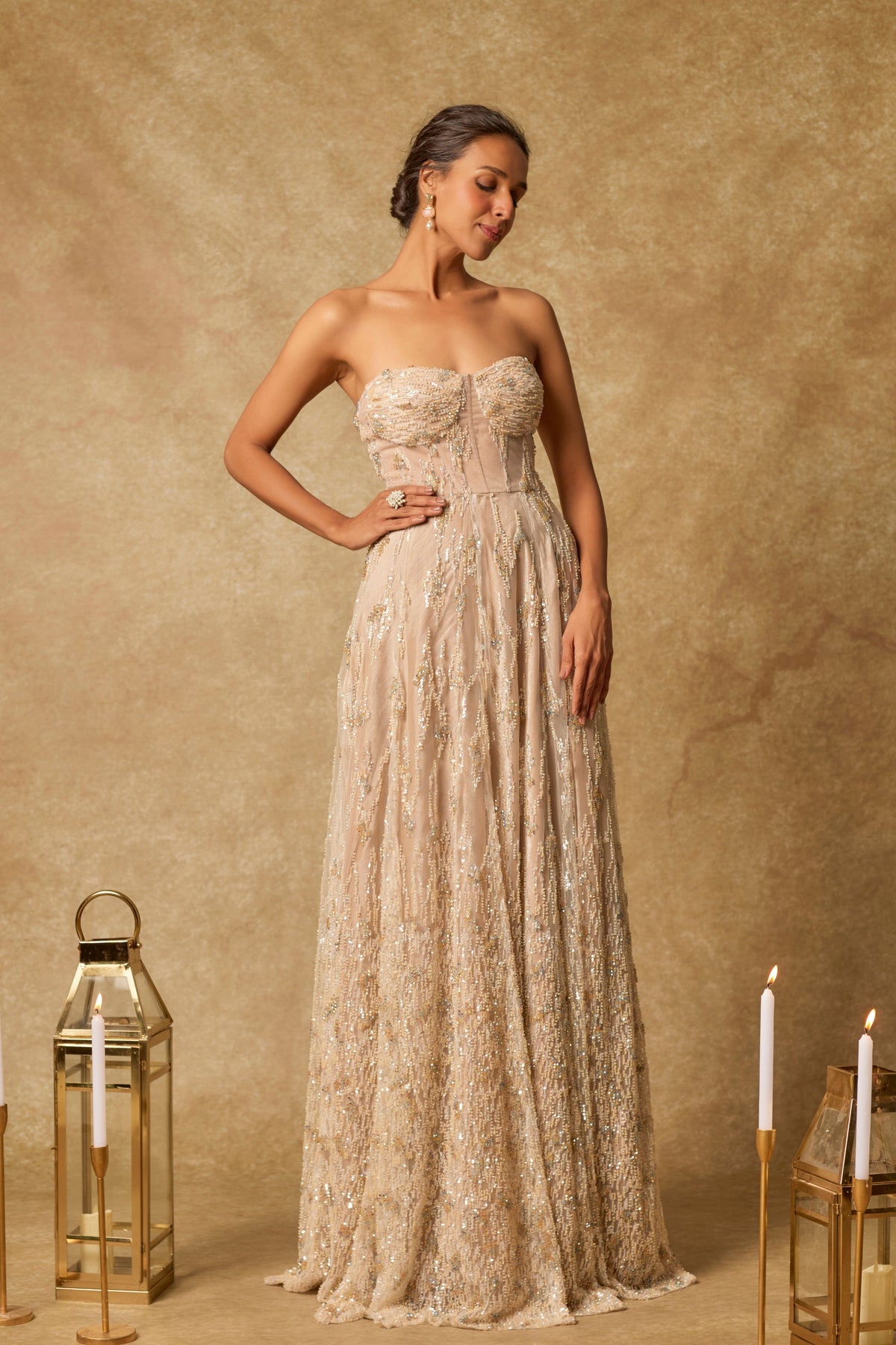 Nude Embroidered Drape Gown