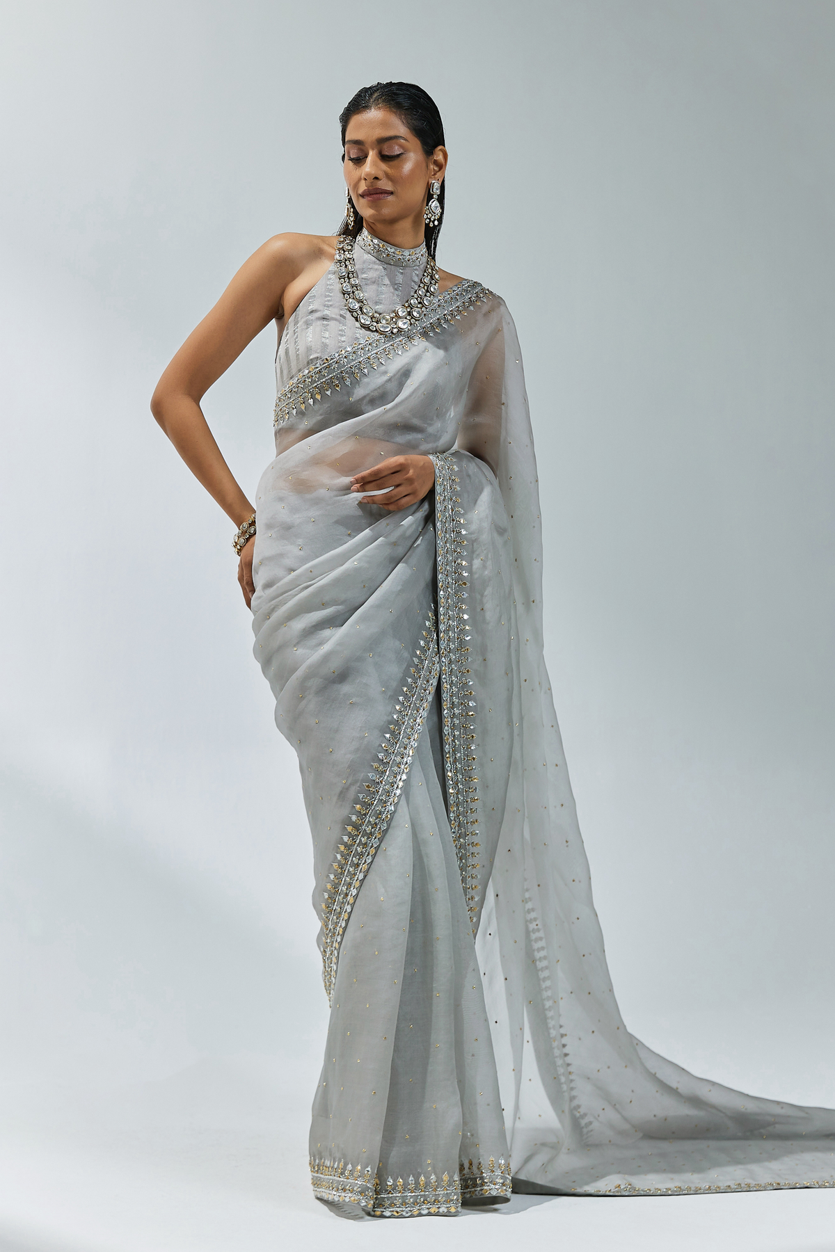 Stone Grey Embroidered Saree Set