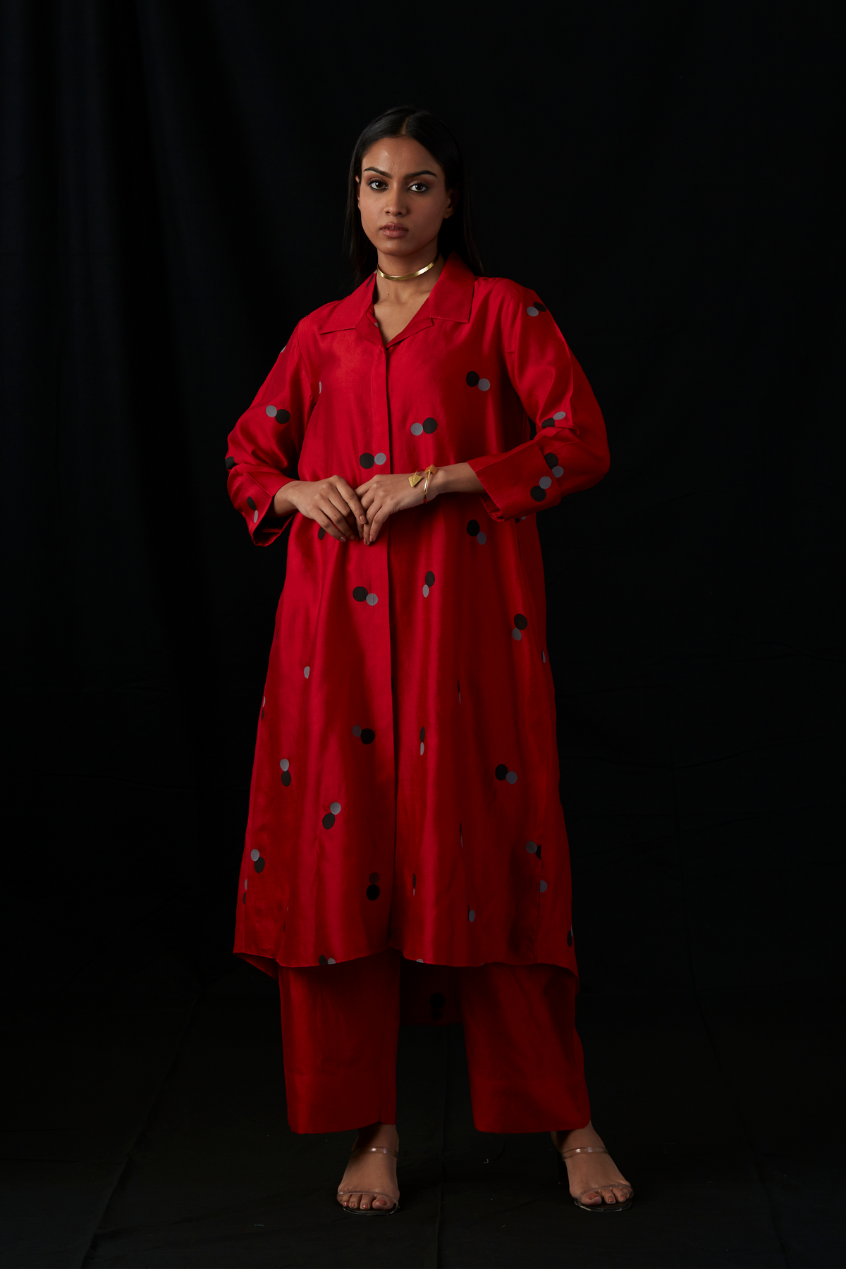 Red Block Printed Silk Shirt Set