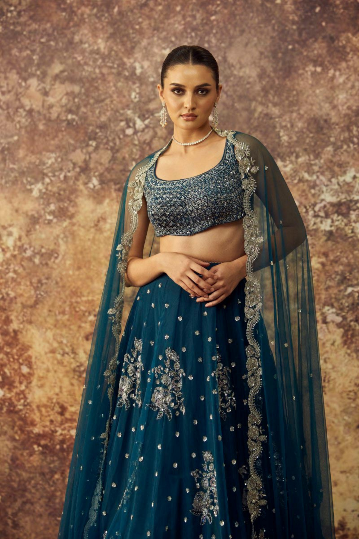 Navy Blue Organza Big Butas Lehenga Set