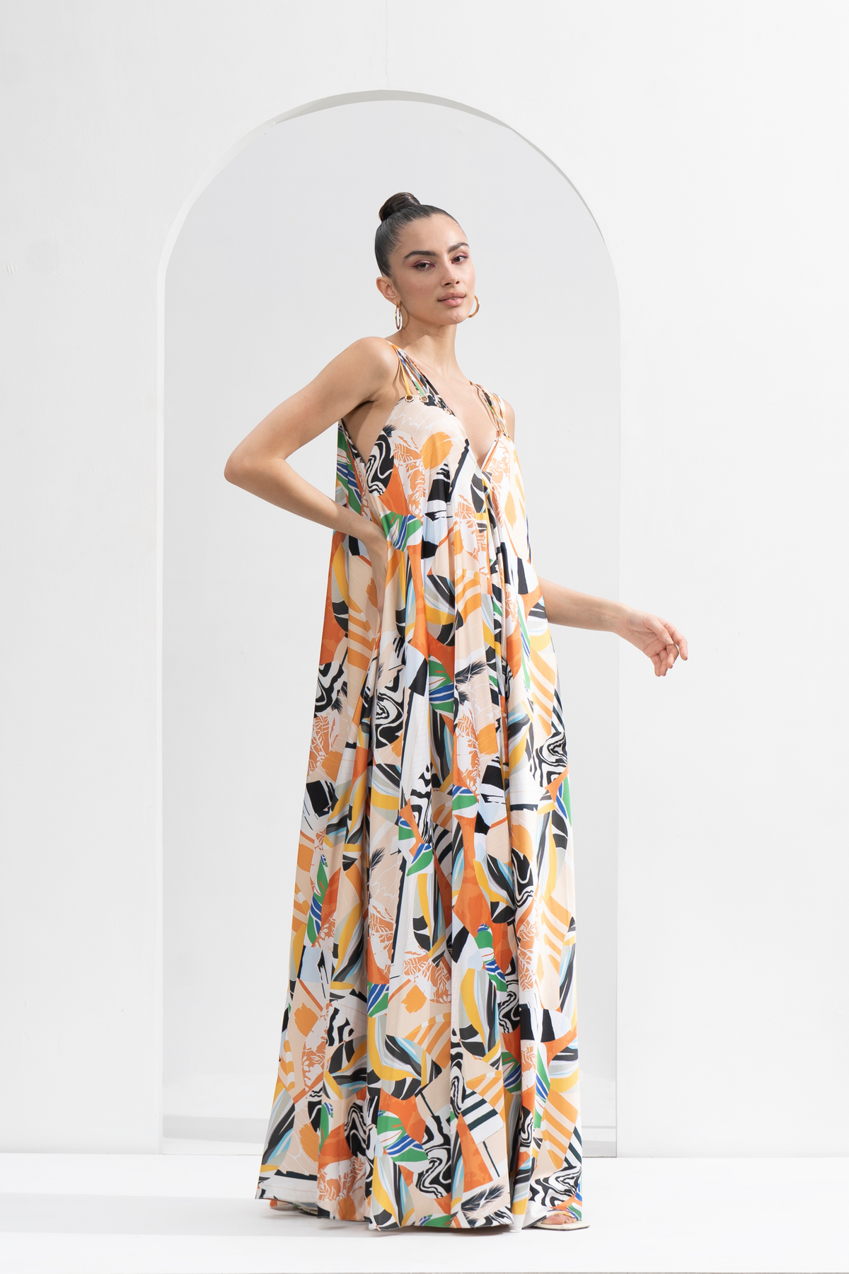 Yellow Abstract Satin Printed Long Dress