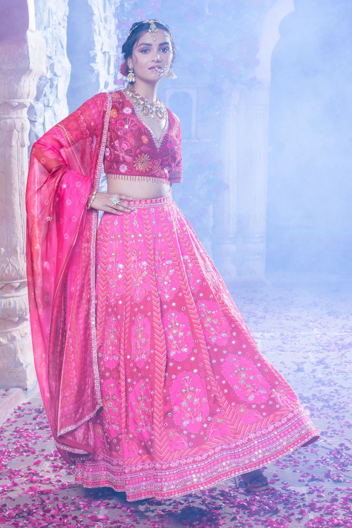 Maroon Embroidered and Printed Lehenga Set