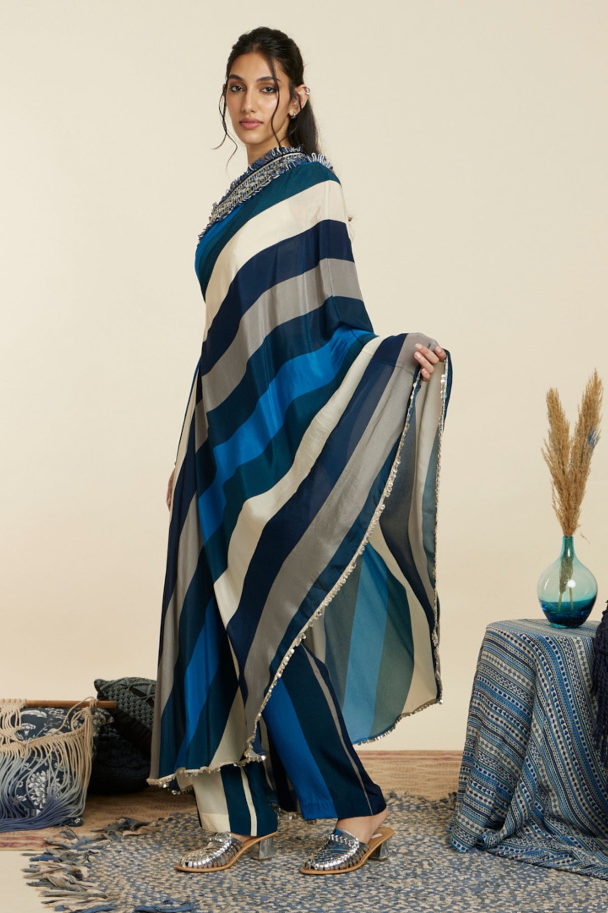 Blue Stripe One Shoulder Kaftan Set