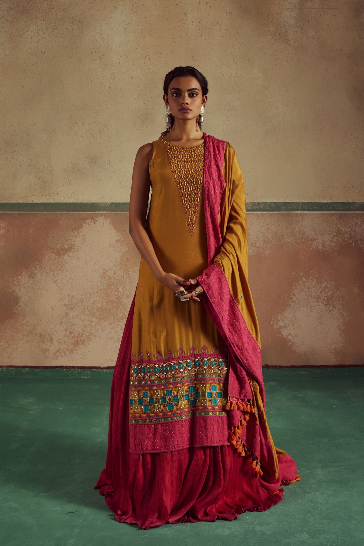 Mustard Kurta Set With Lehenga