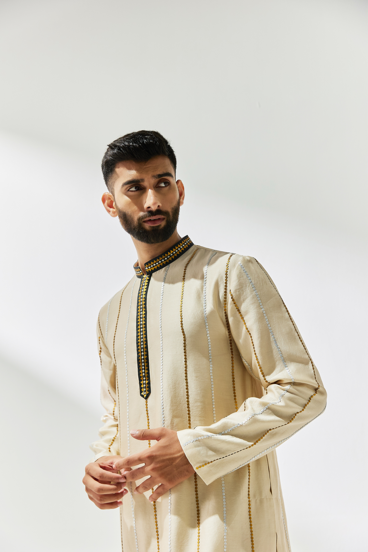 Beige and Black Embroidered Kurta Sets