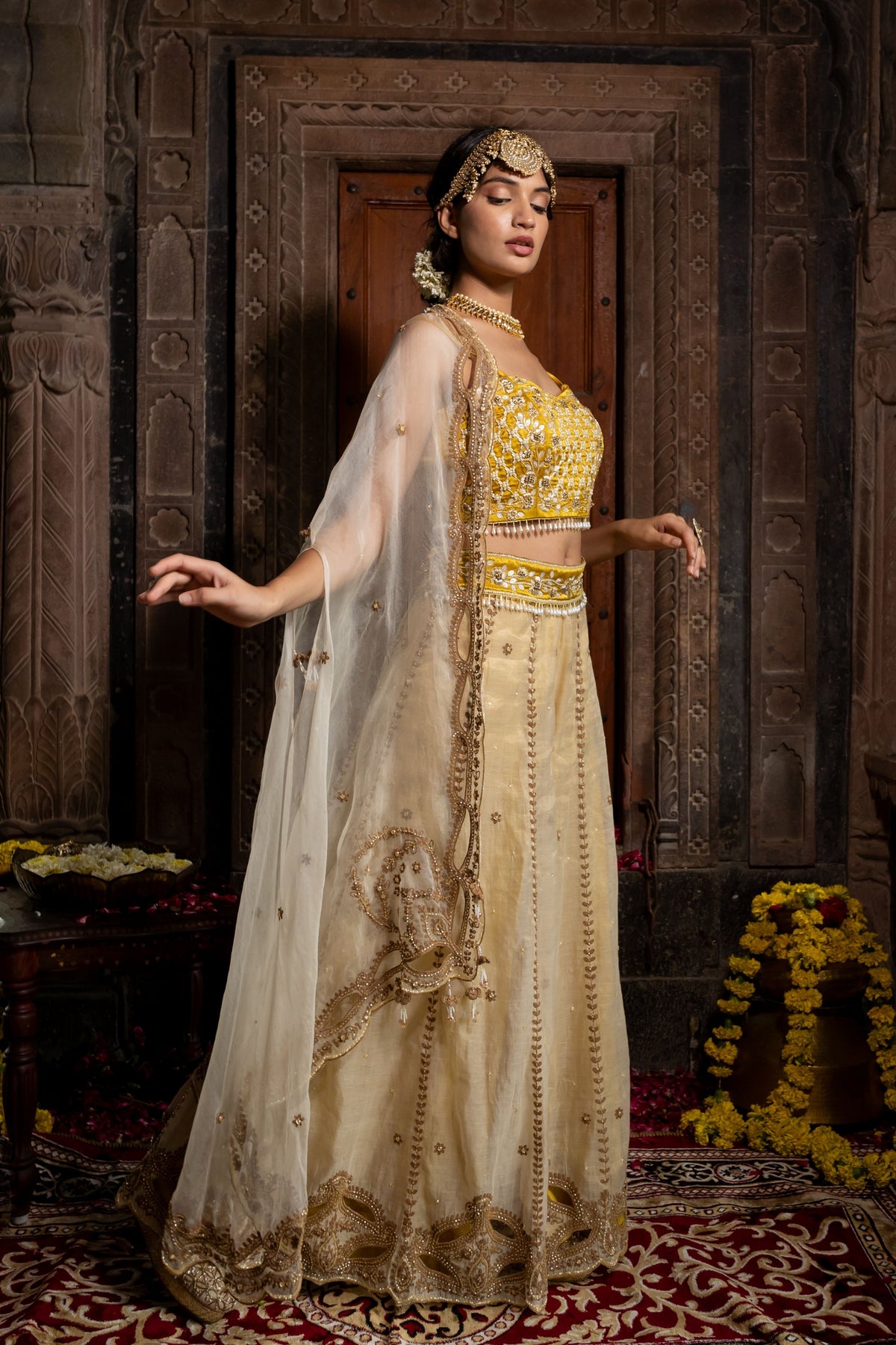 Yellow Beige Cape Sharara Set