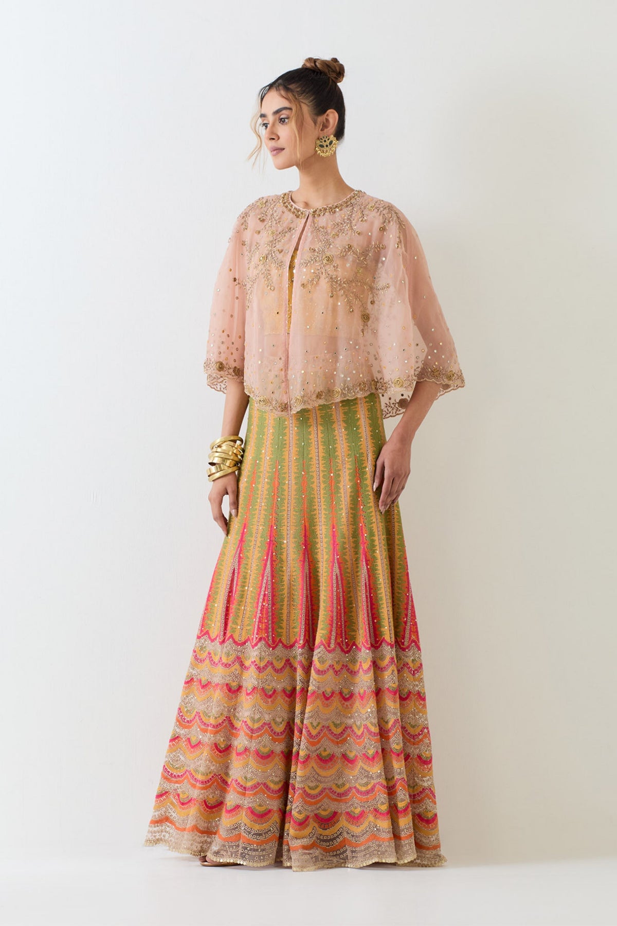 Chanderi Pink and Yellow Cape Set