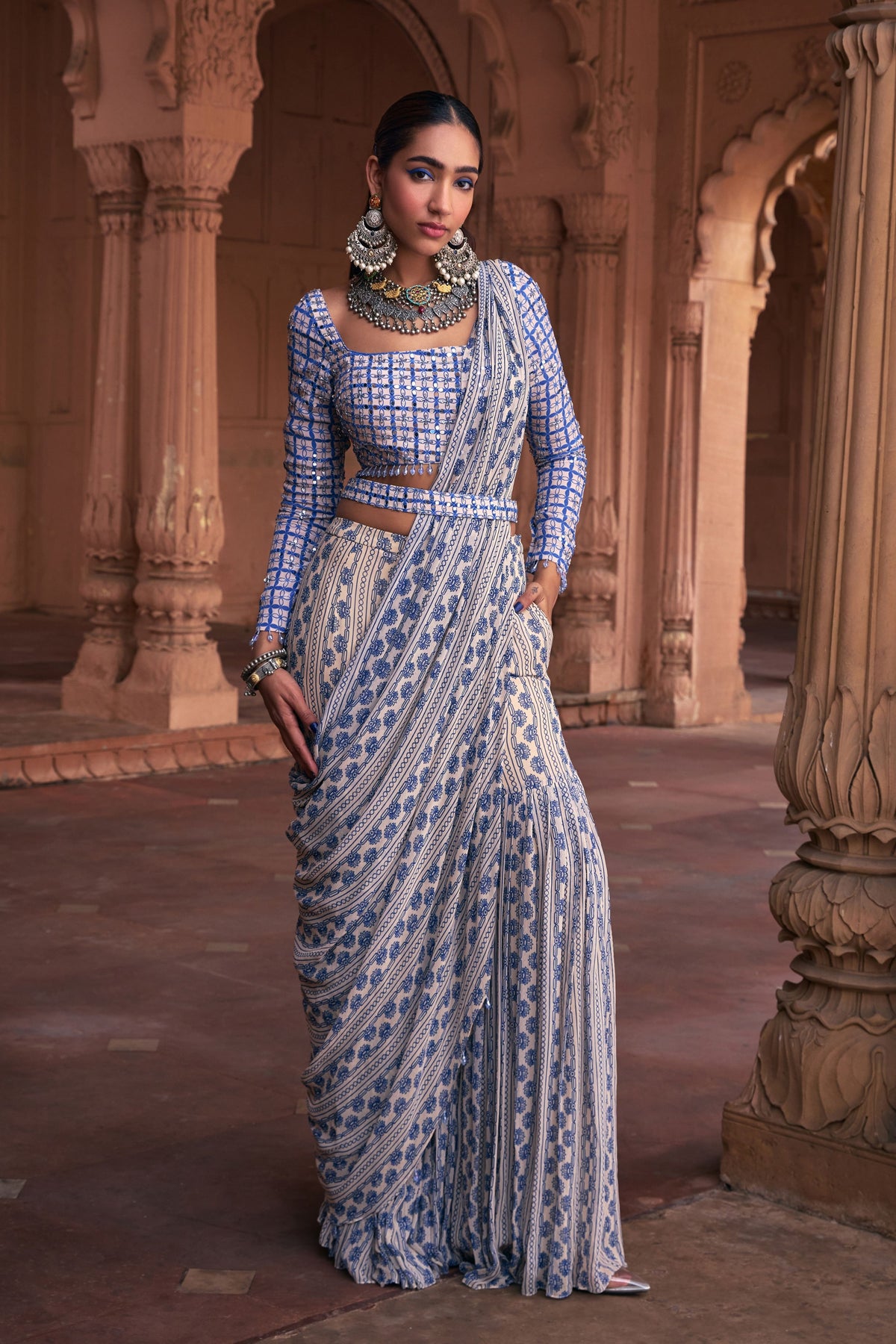 Blue Draped Gharara Set