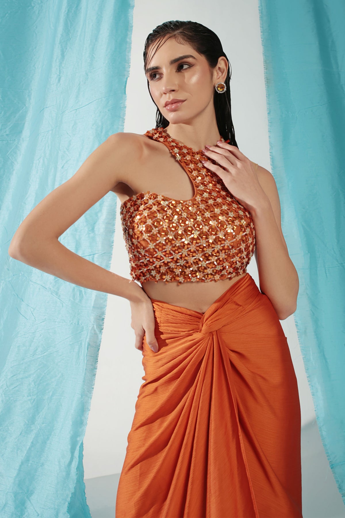 Apricot Draped Saree Set