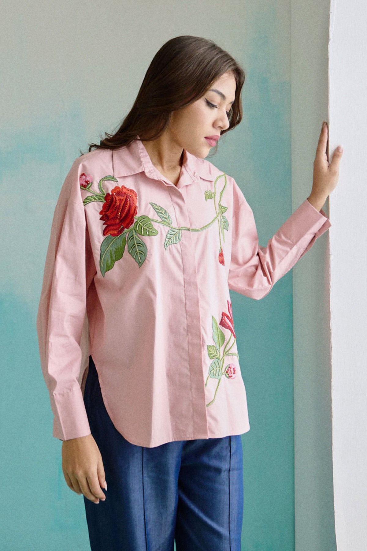 Blush Pink Oversized Embroidered Shirt