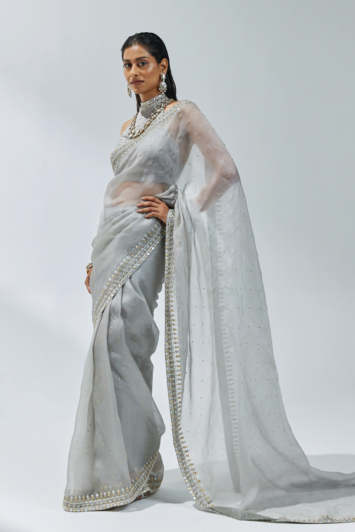 Stone Grey Embroidered Saree Set