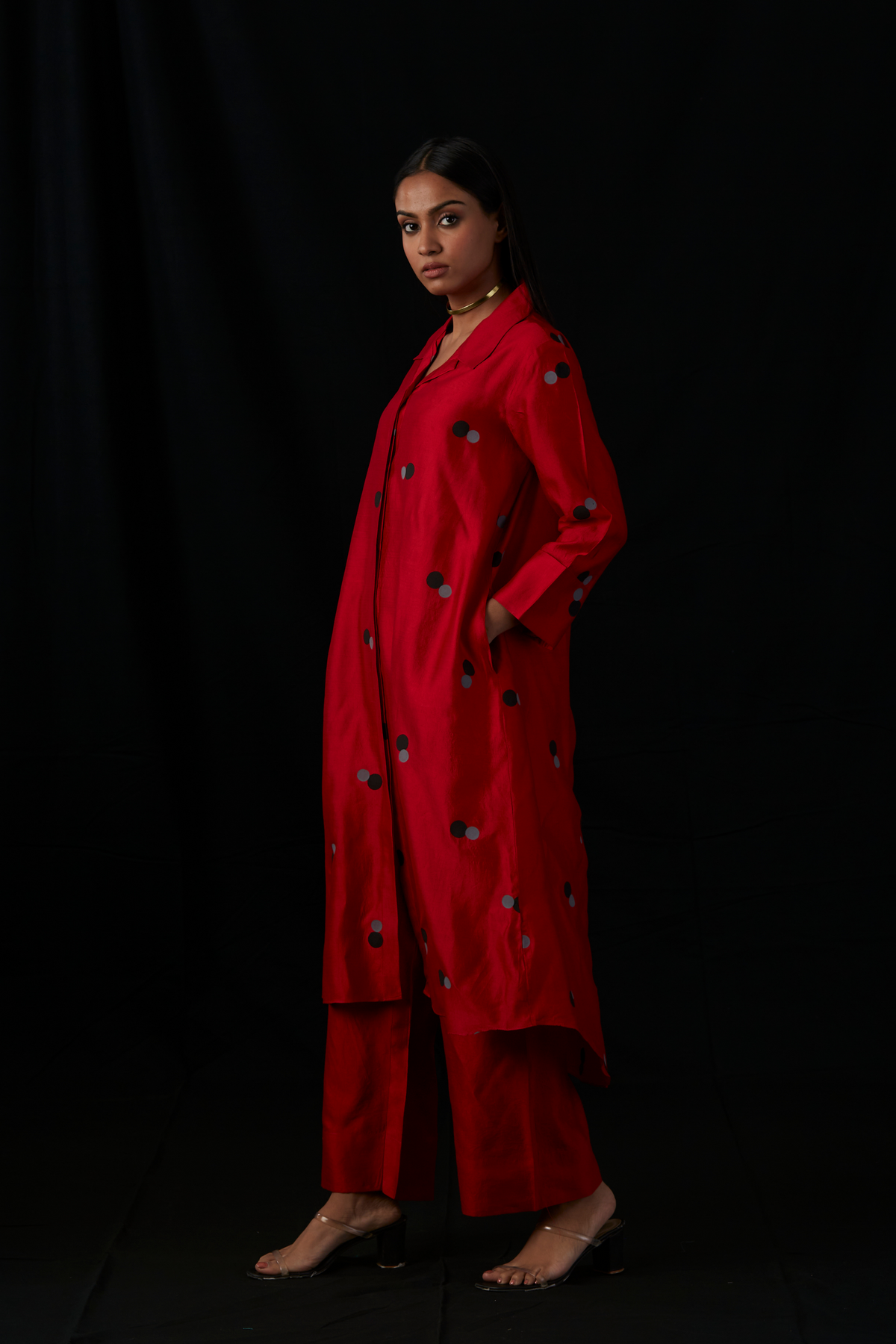 Red Block Printed Silk Shirt Set