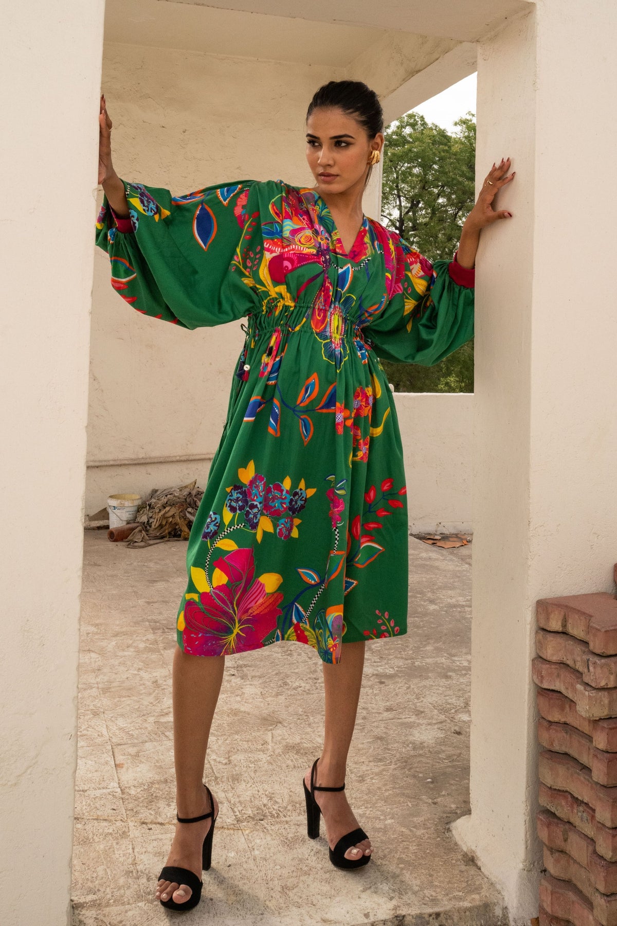 Green Drawstring Dress With Balloon Sleeves