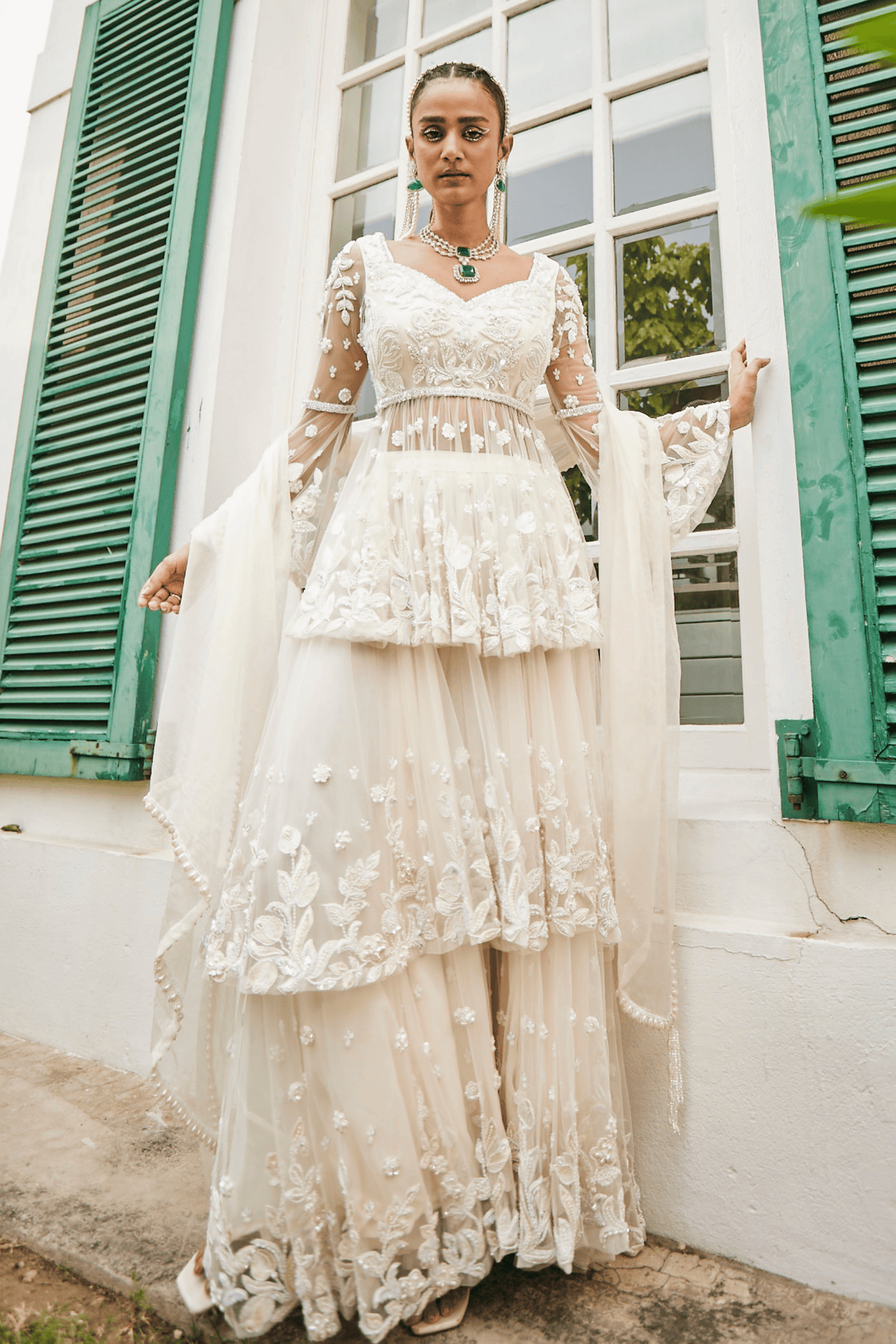 Ivory Peplum Layered Sharara Set.