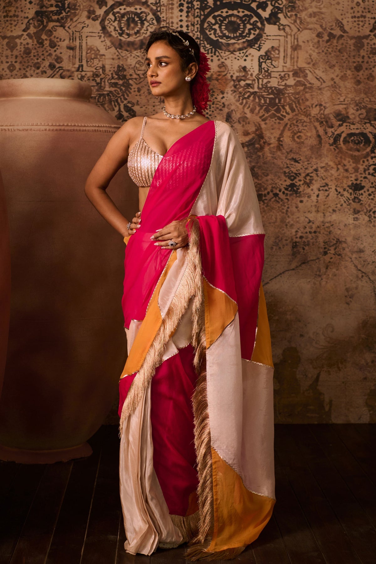 Rose Gold Embroidered  Multicoloured Saree