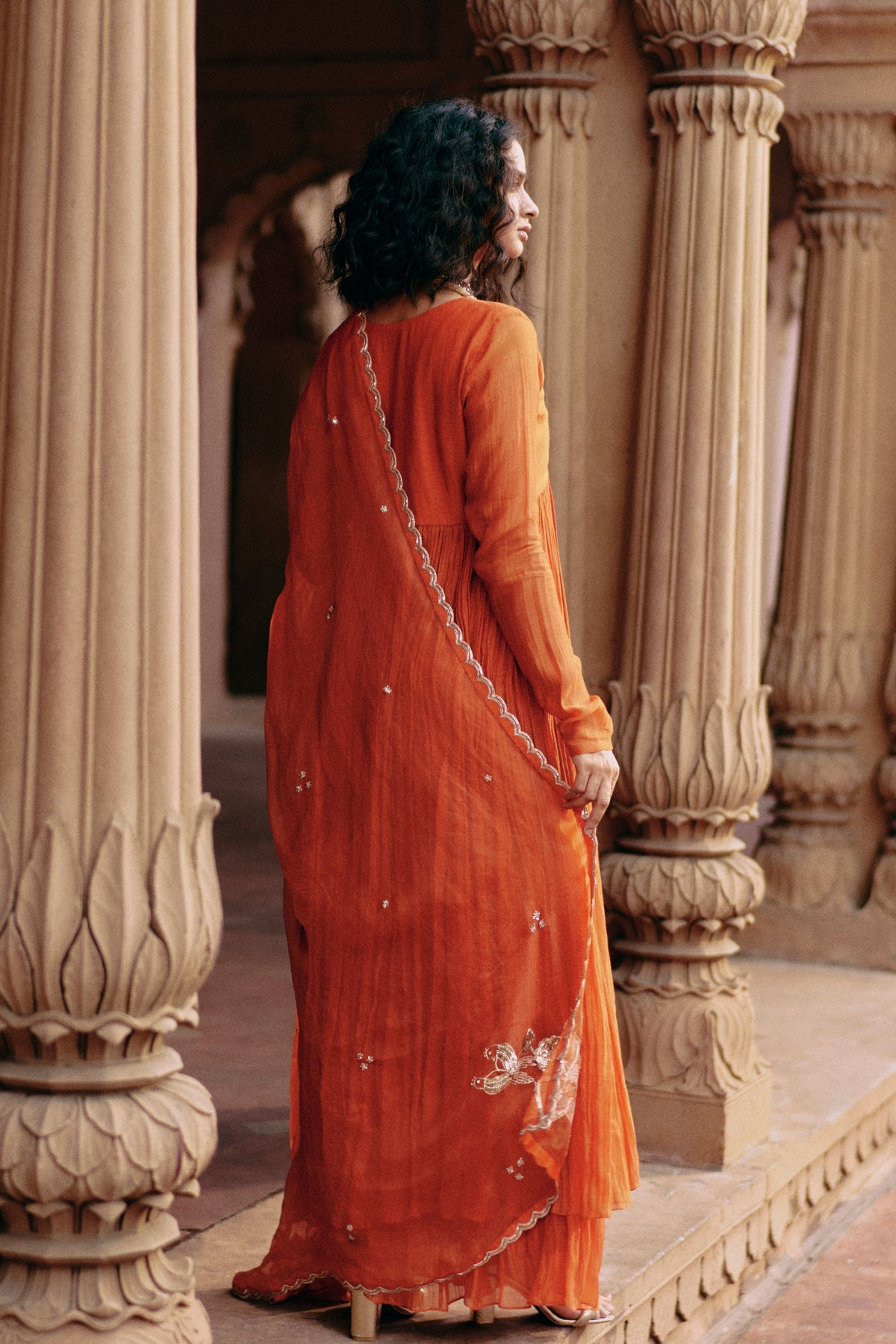 Embroidered Orange Anarkali Set