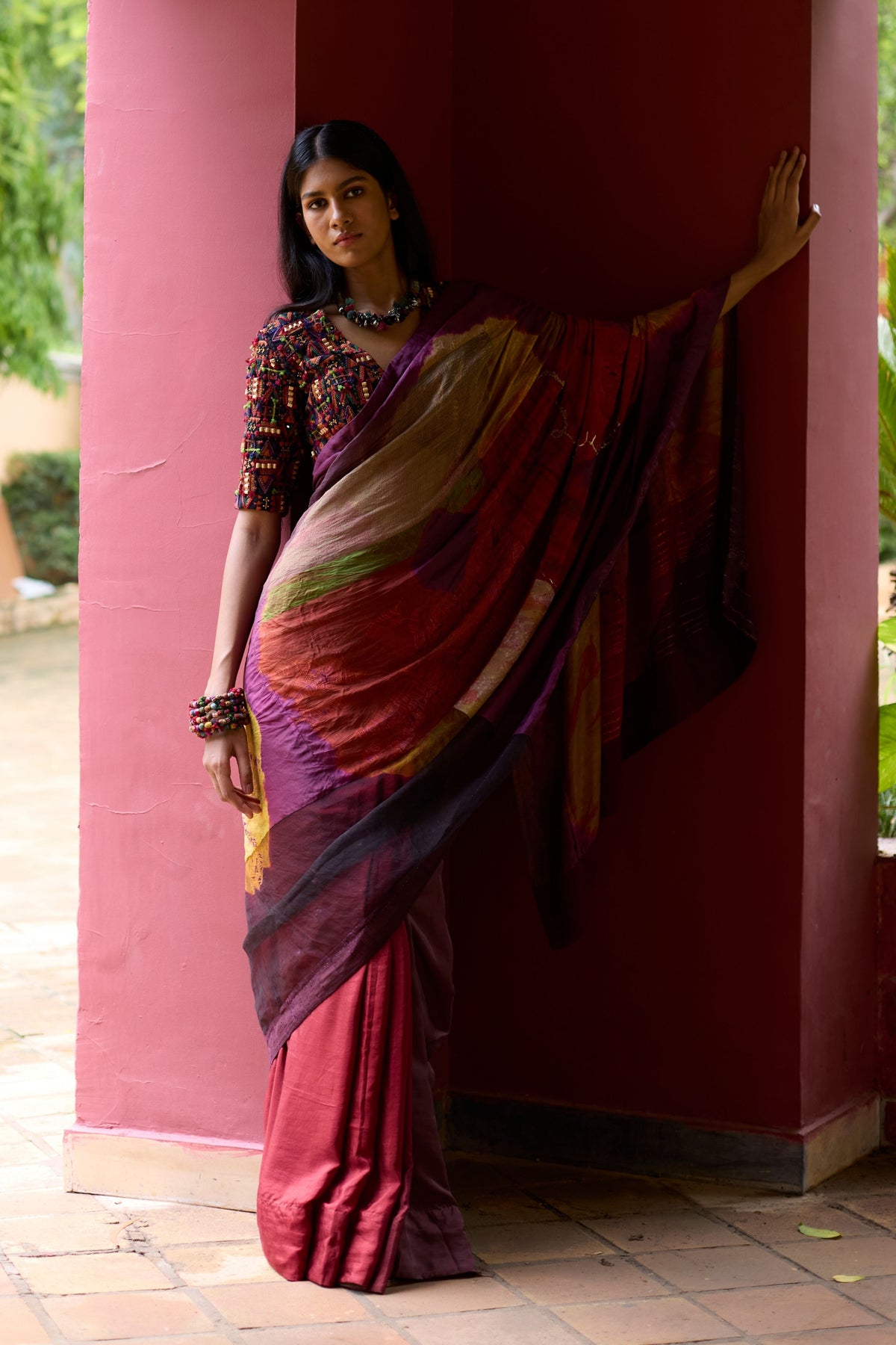 Multicolor Overdyed Sari Set