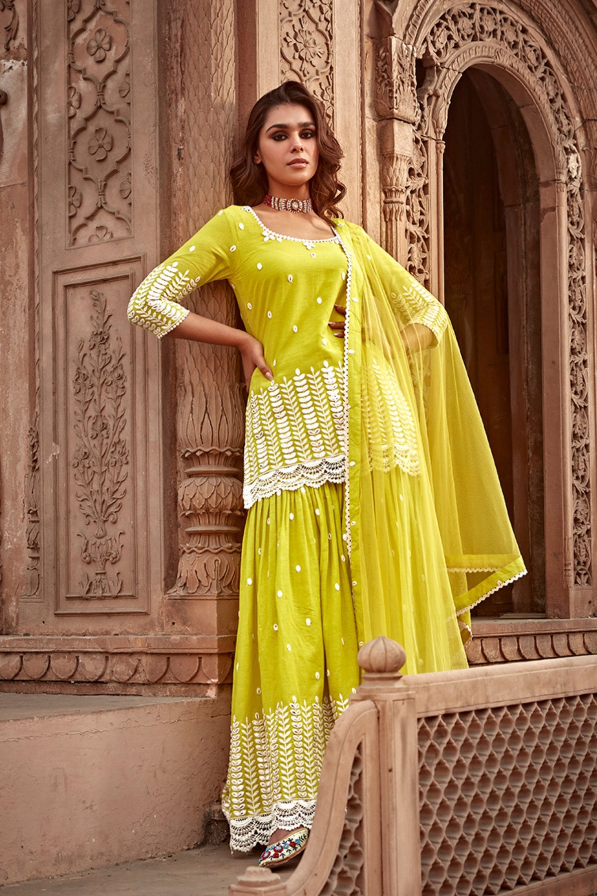 Neon Green Leaf Straight Sharara Set