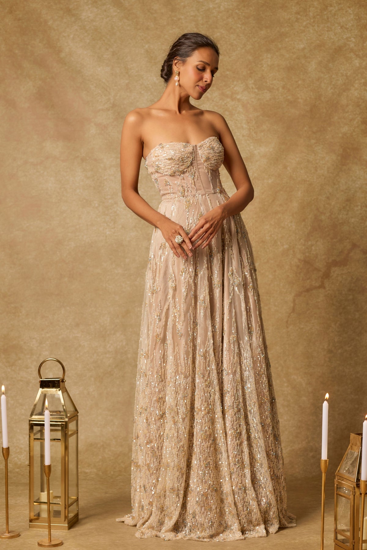 Nude Embroidered Drape Gown