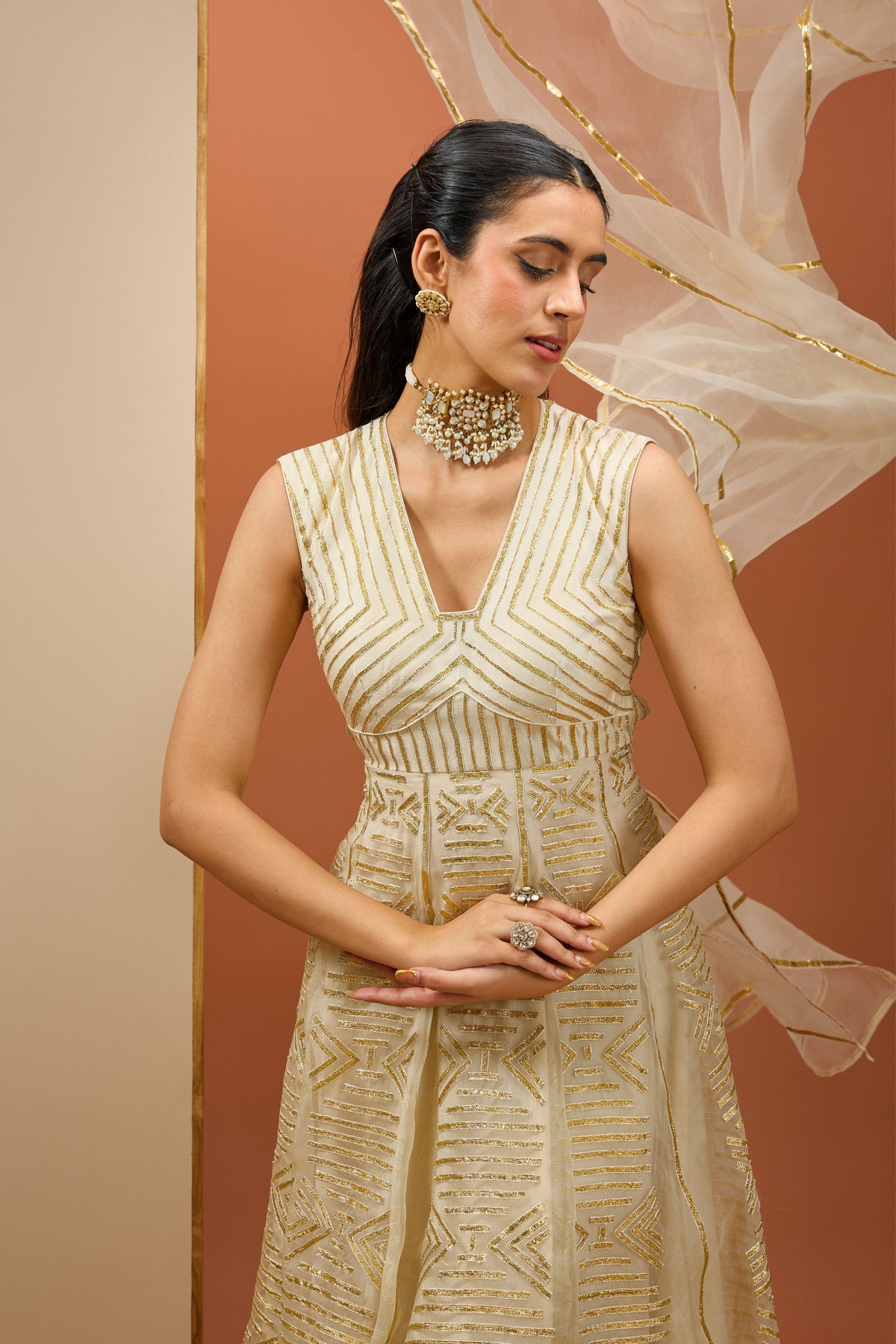 Off White Golden Lasses Anarkali set