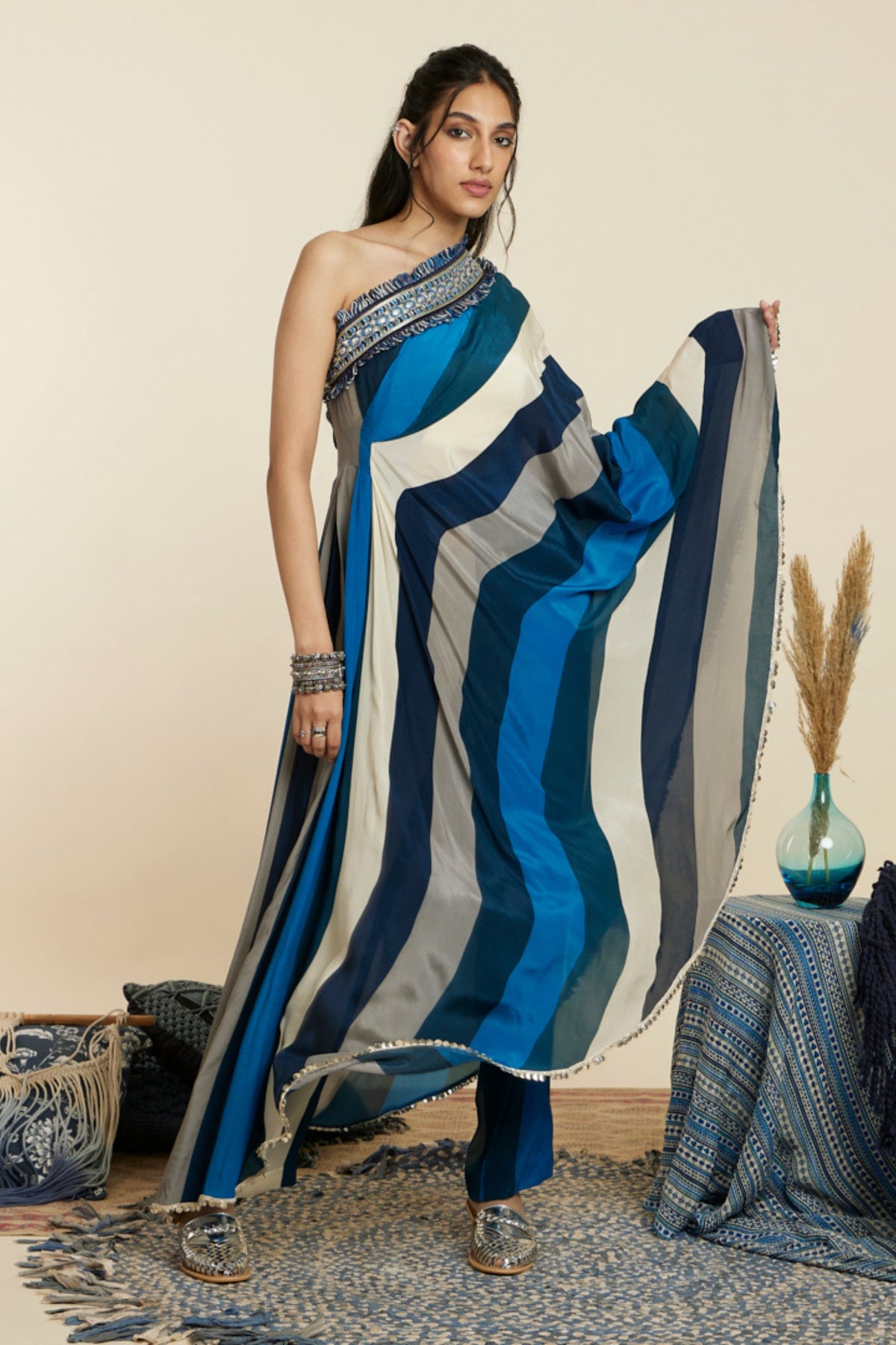 Blue Stripe One Shoulder Kaftan Set