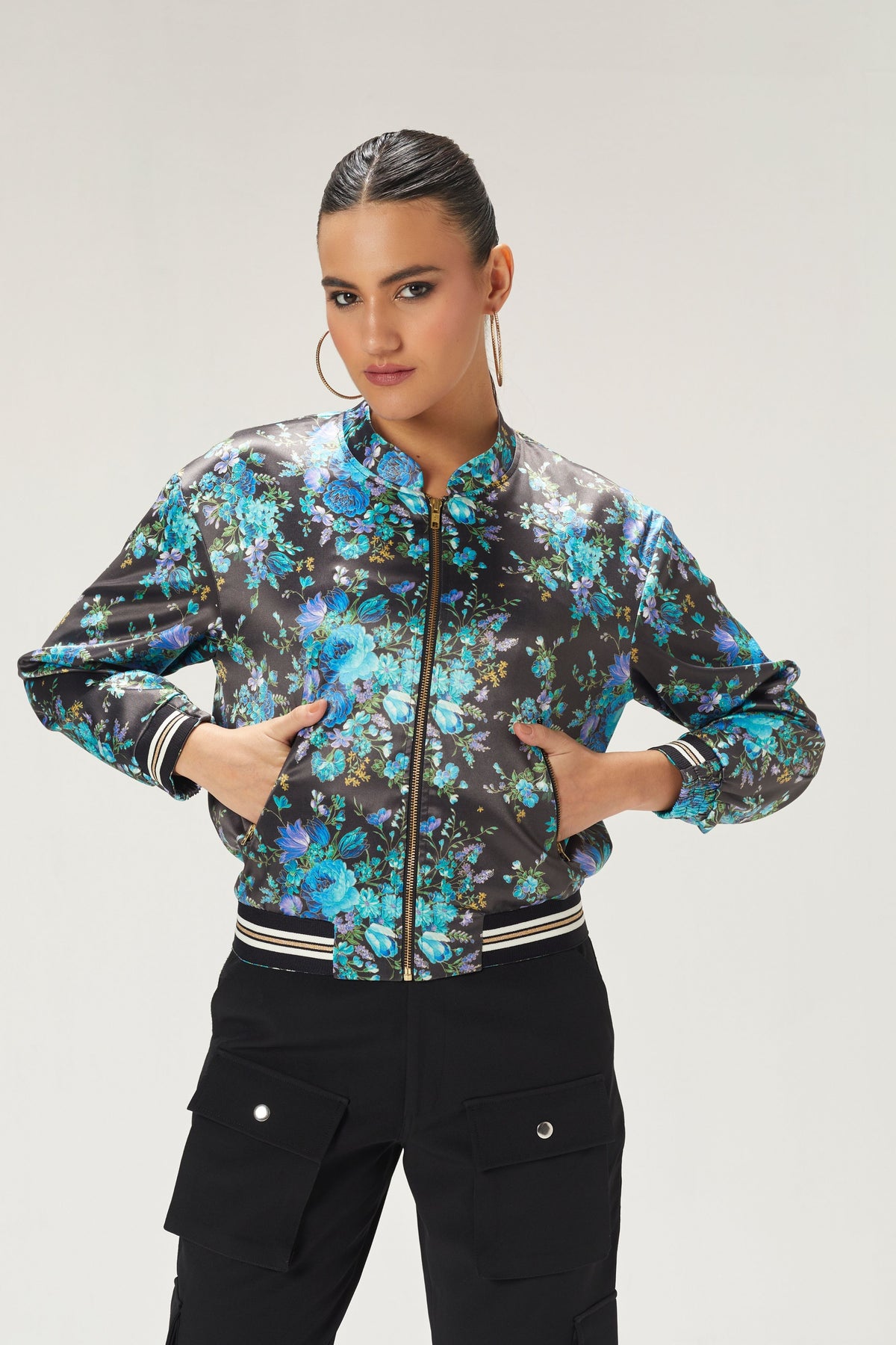 Teal Blue Printed Bomber Jacket