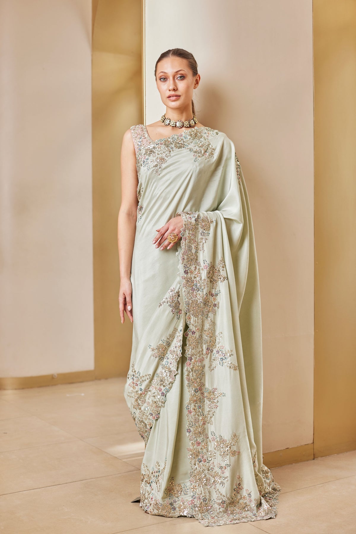 Olive Green Embroidered Saree