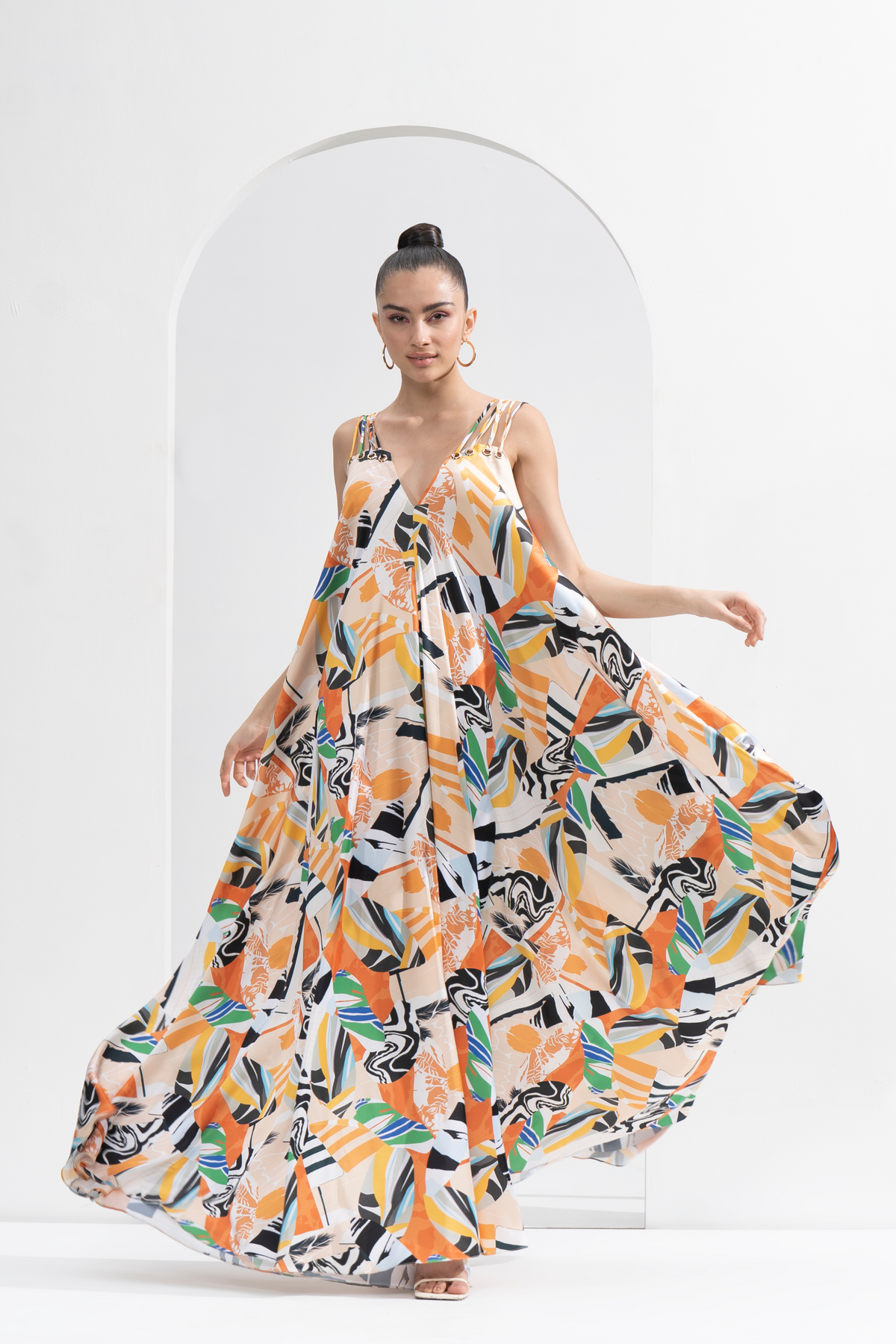 Yellow Abstract Satin Printed Long Dress