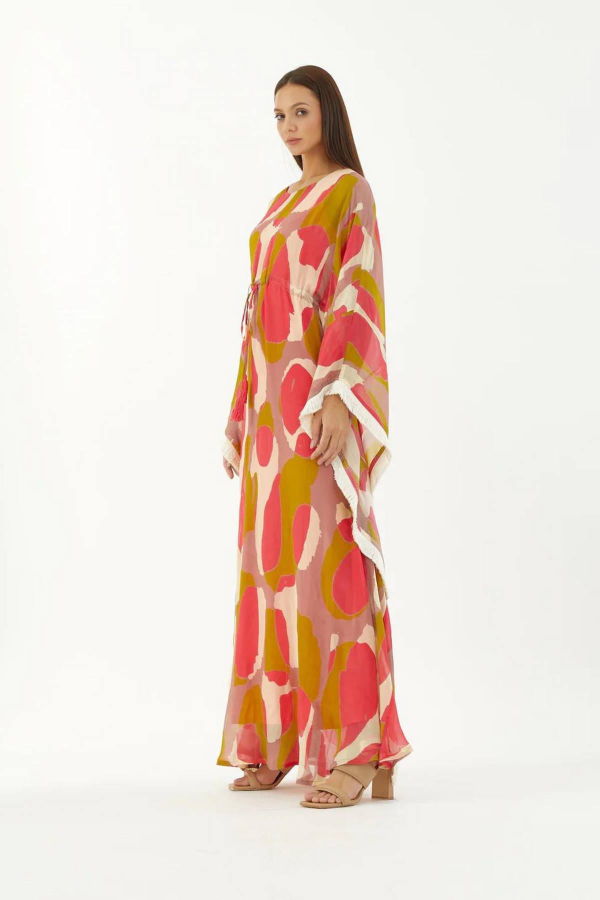 Mustard, Pink And Offwhite Abstract Kaftan