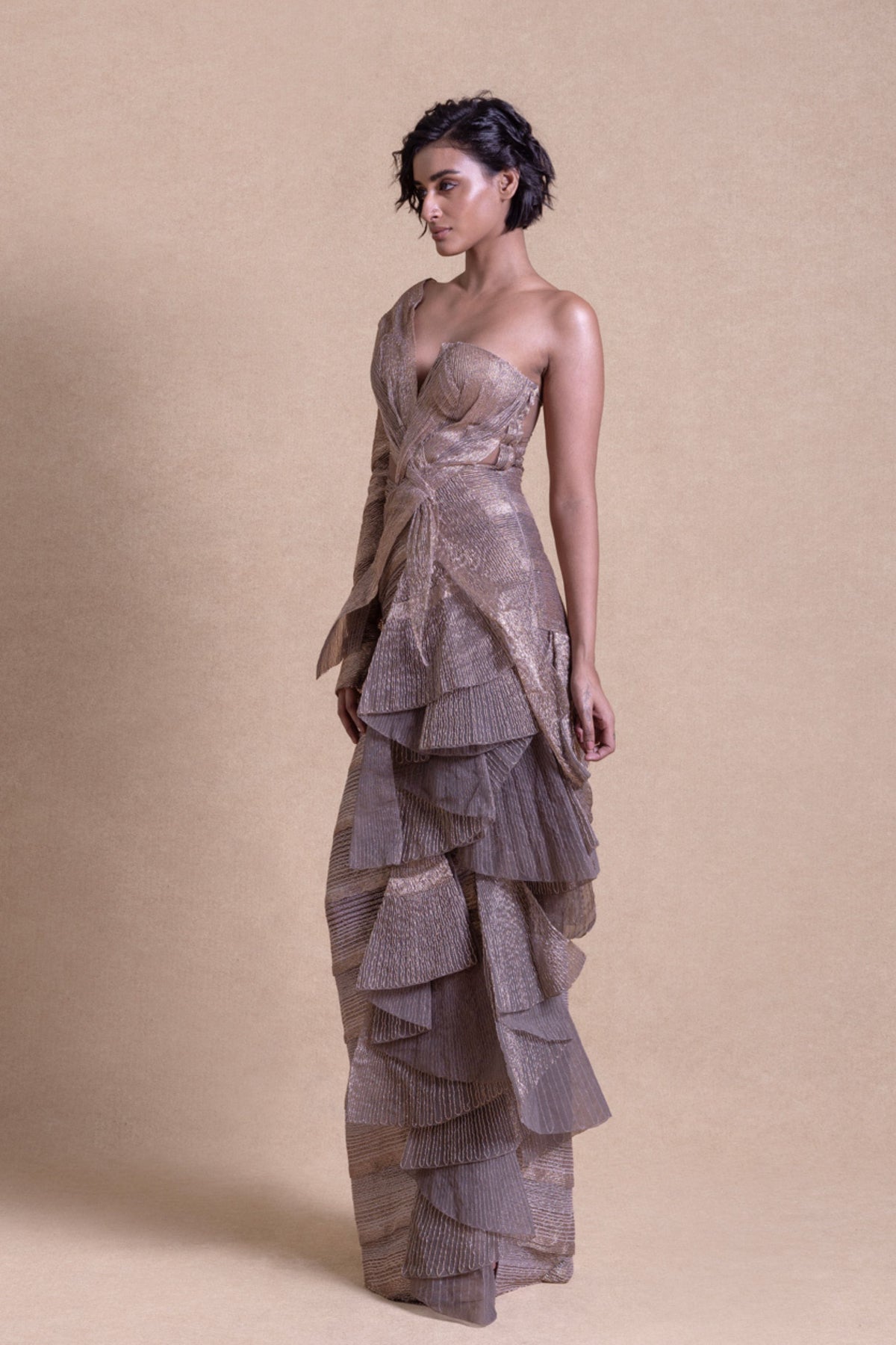 Asymmetric Metallic Cascade Gown