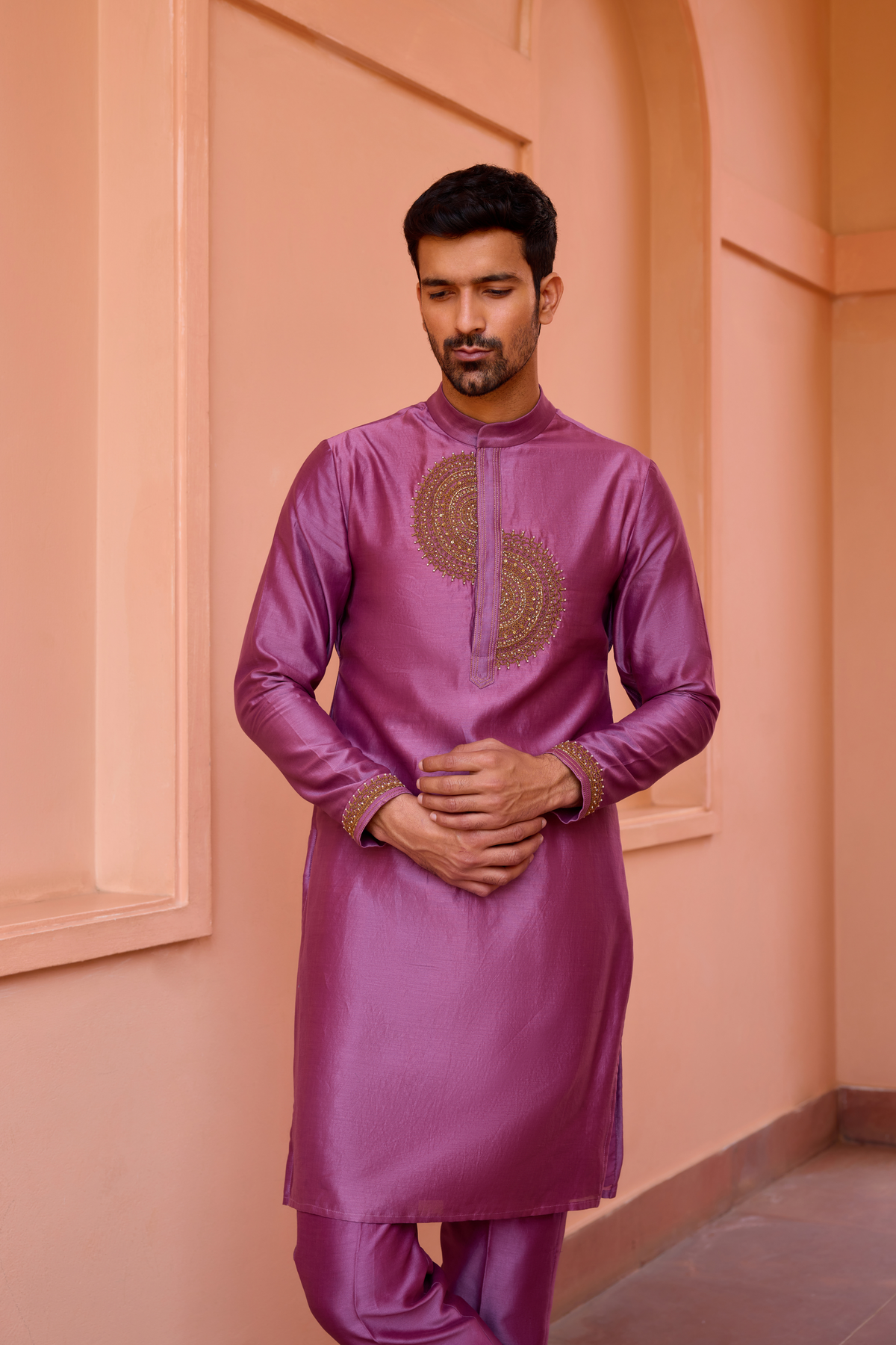 Plum earthy pink  dori and hand embroidered silk kurta