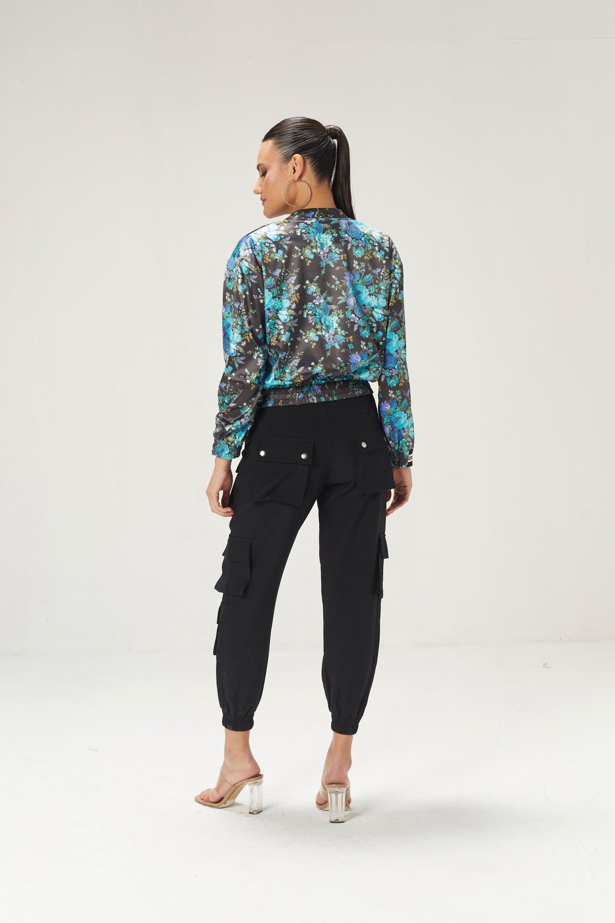 Teal Blue Printed Bomber Jacket