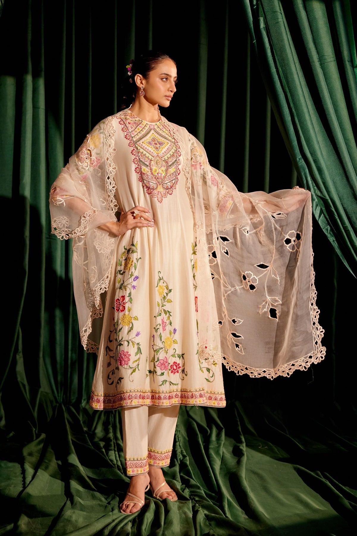 Ivory Embroidered Flared Kurta Set