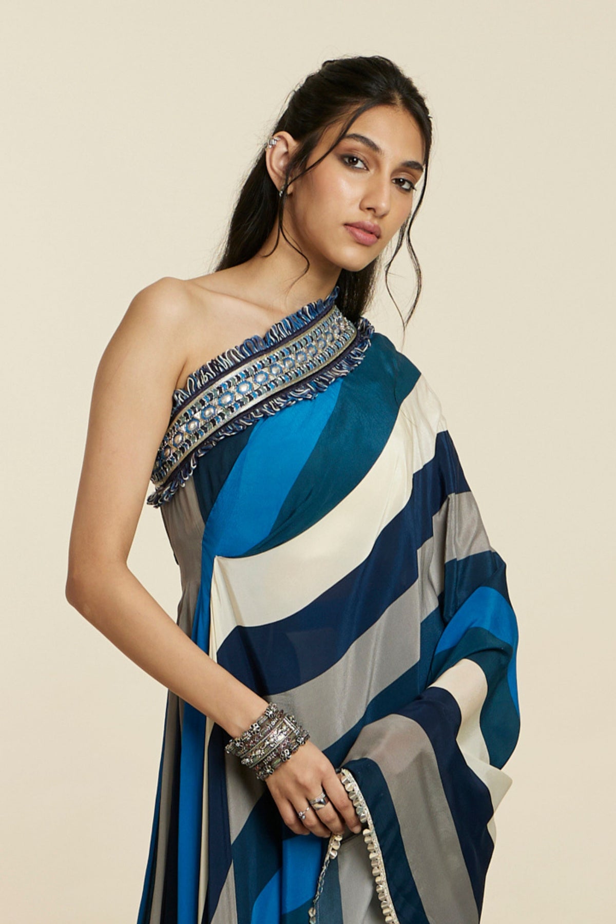 Blue Stripe One Shoulder Kaftan Set