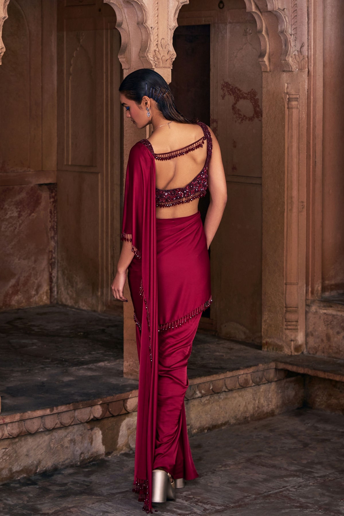 Maroon  Embroidered Saree Set