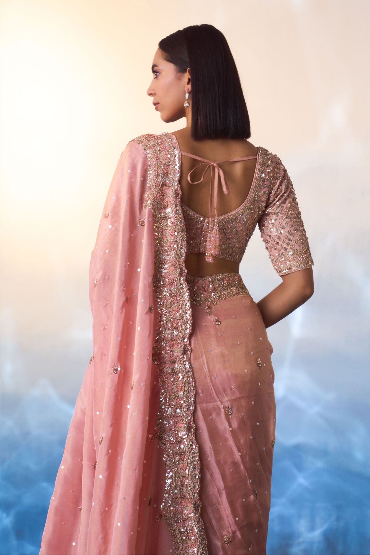 Peach Embroidered Saree Set