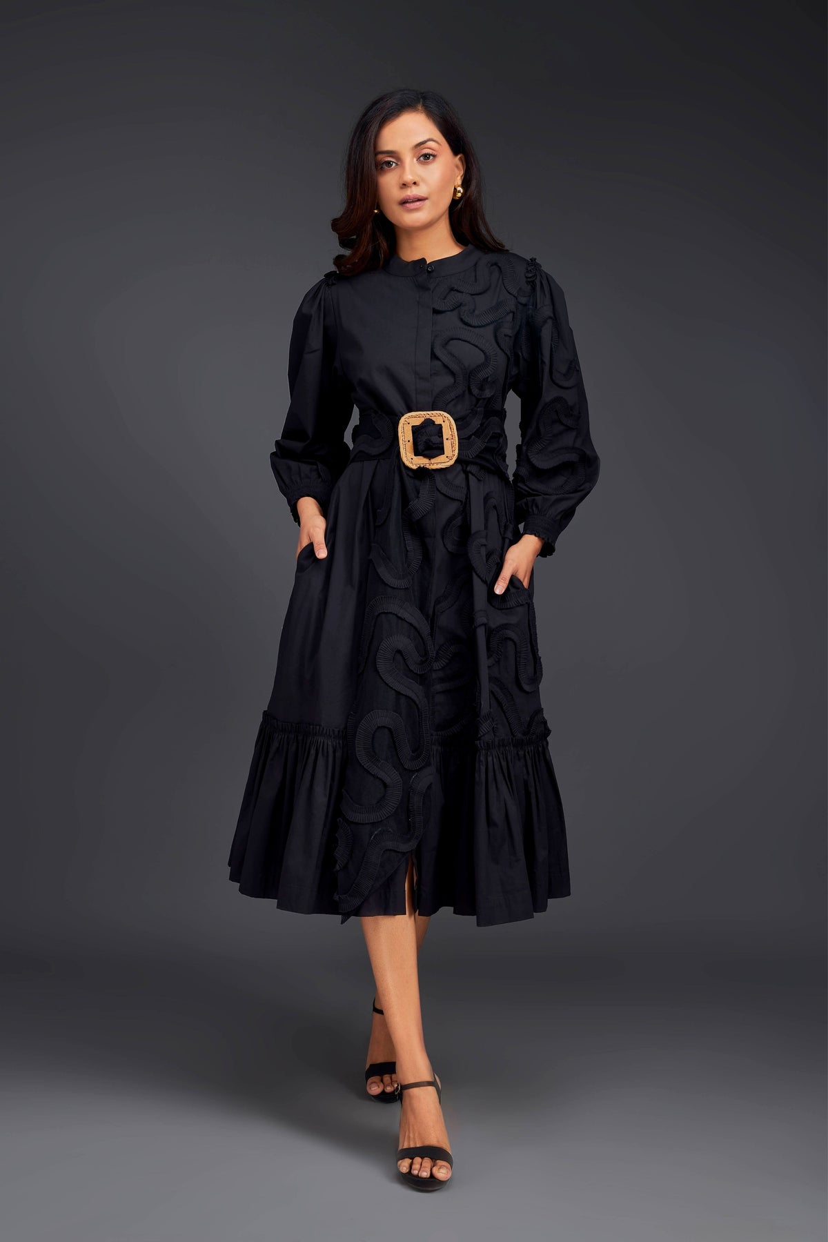 Black Pleated Dress With Frills