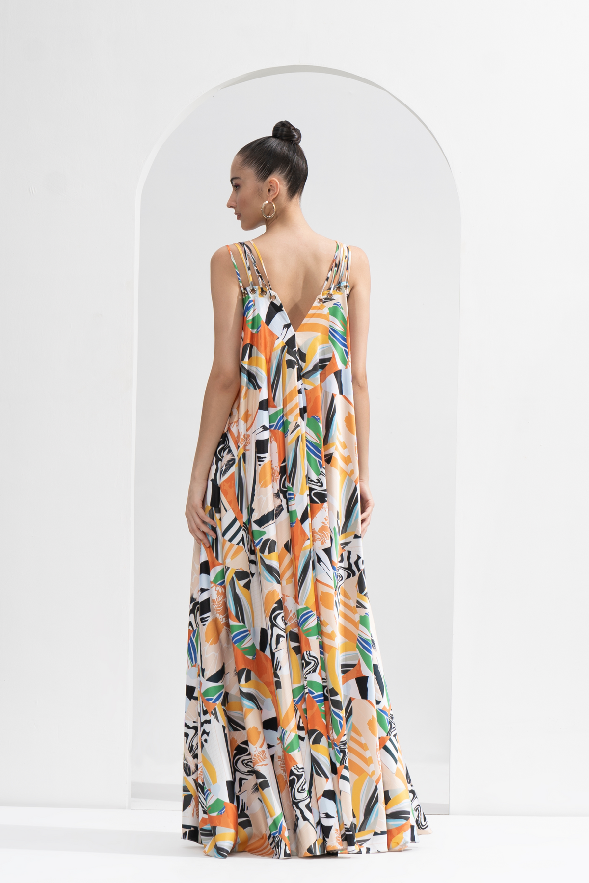 Yellow Abstract Satin Printed Long Dress