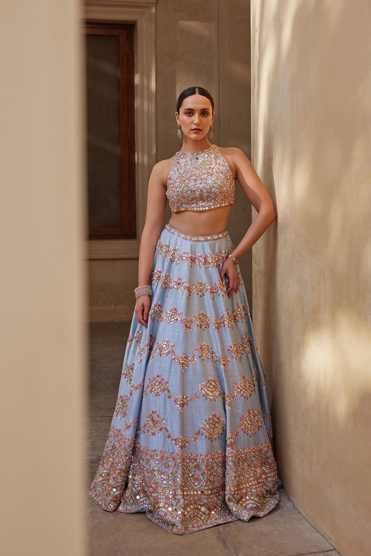 English Blue Mirror Lehenga