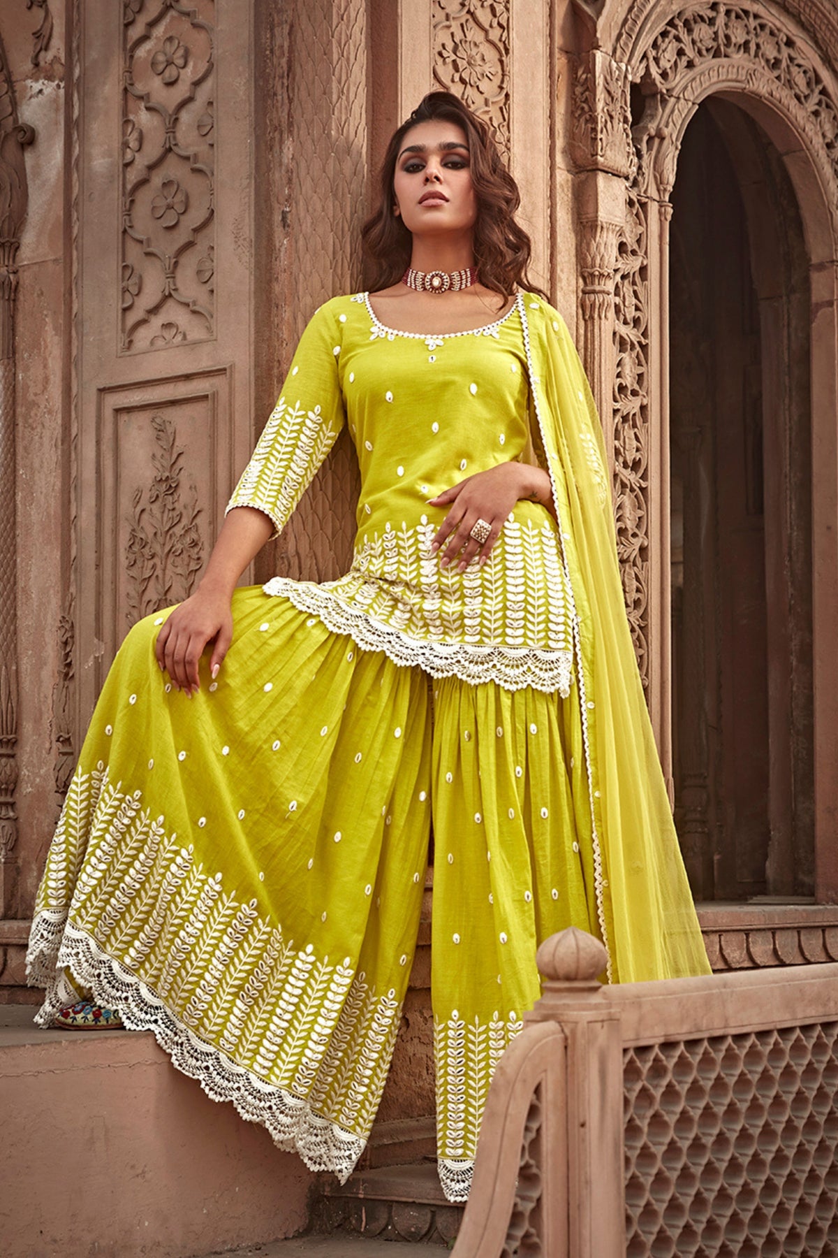 Neon Green Leaf Straight Sharara Set