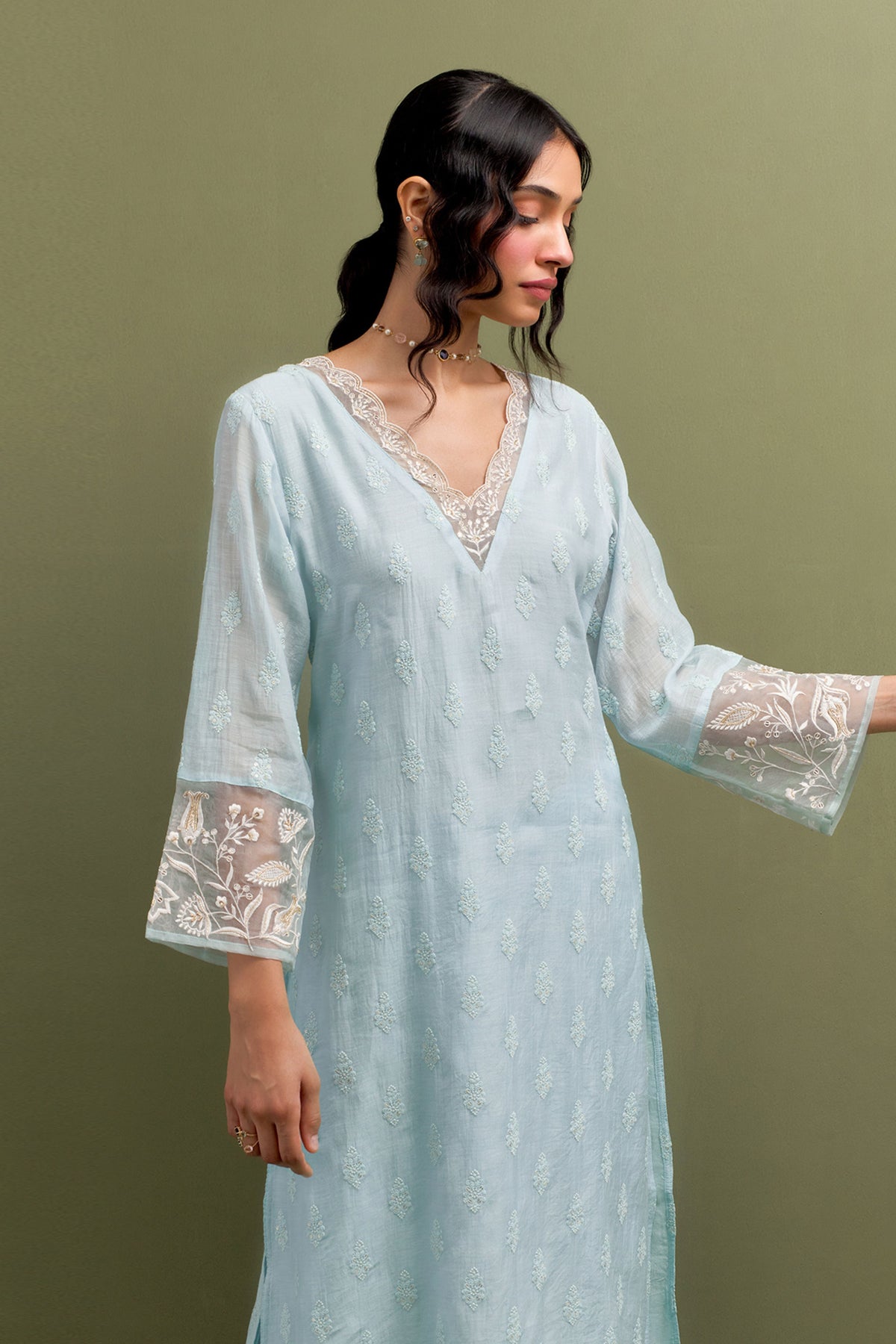 Blue V Neck Kurta Set