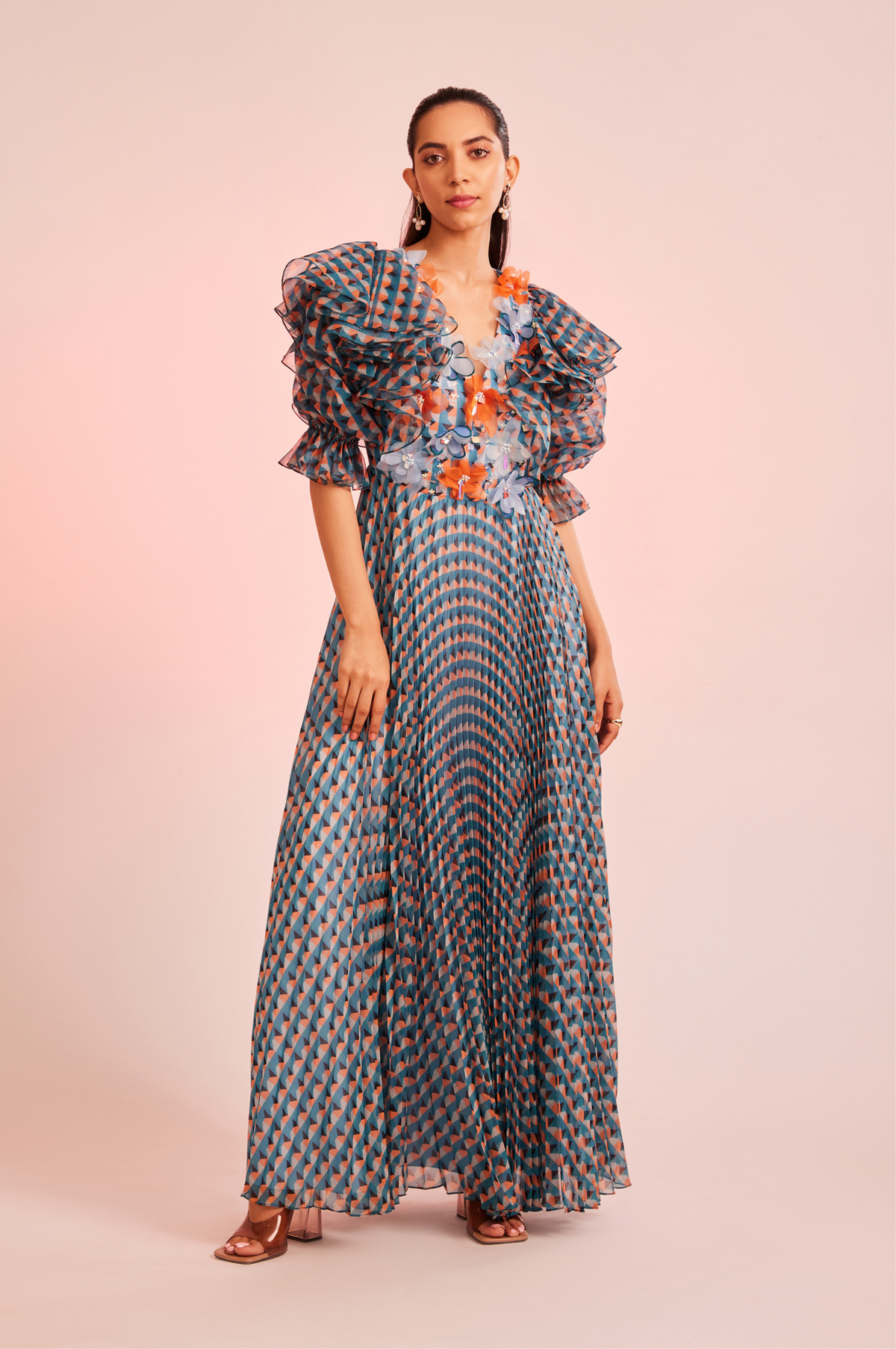 Porta Maxi Dress With Floral Embellishments and Ruffle Sleeves