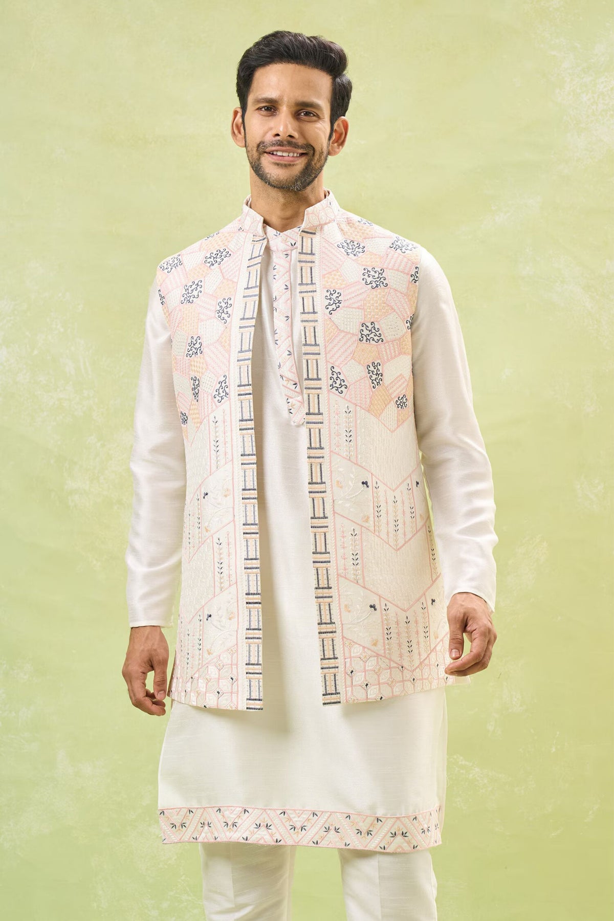 Off-white Embroidered Nehru Jacket Set